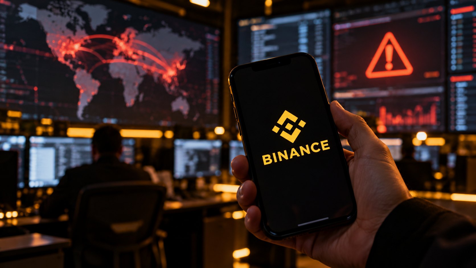 Ilustración editorial generada con IA: una mano sostiene de noche un celular con la aplicación y el logo amarillo de Binance, en una sala de operaciones en penumbra con pantallas desenfocadas y luz de alerta ámbar; composición conceptual, no es una captura real de la aplicación.