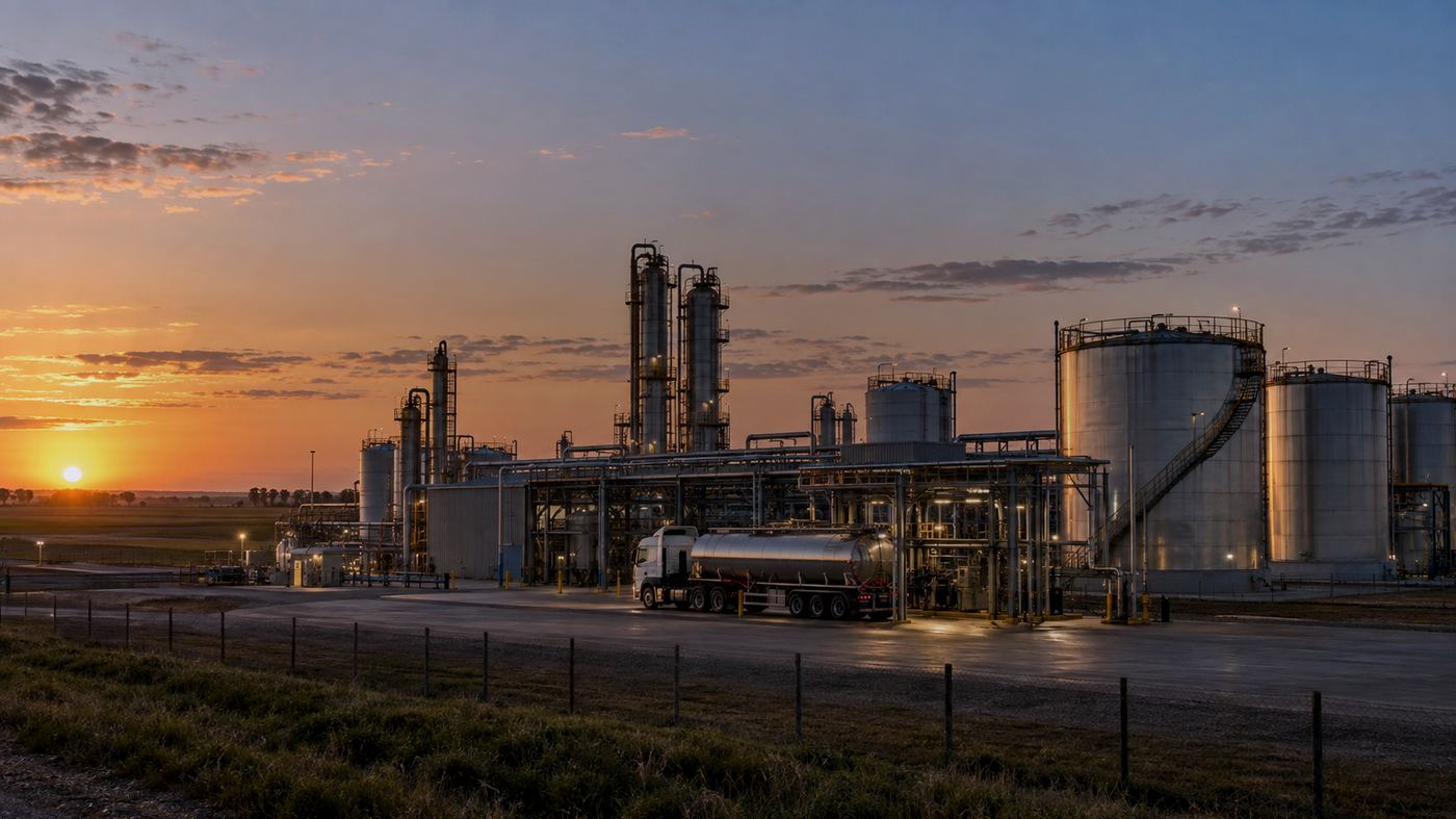 Planta de biocombustibles con tanques industriales al atardecer