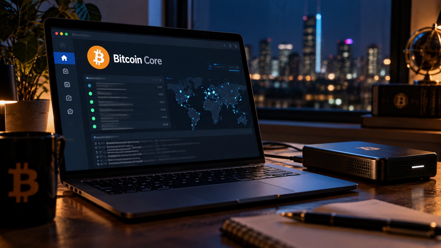 Ilustración editorial generada con IA: una laptop sobre un escritorio de noche muestra la aplicación Bitcoin Core con el logo naranja de Bitcoin, junto a un disco externo, como un nodo casero de la red; composición conceptual, no es una captura real del programa.