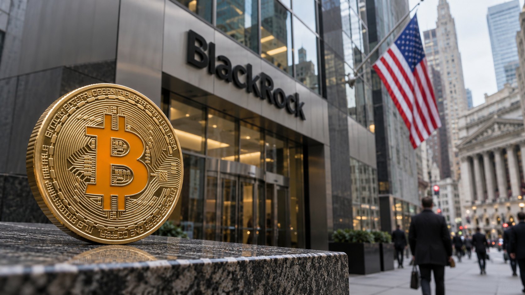 Ilustración editorial generada con IA: una moneda dorada con el logo de Bitcoin sobre un borde de granito frente a un edificio con el cartel de BlackRock y una bandera de Estados Unidos, en una calle del distrito financiero de Nueva York; composición conceptual, no es una fotografía real.