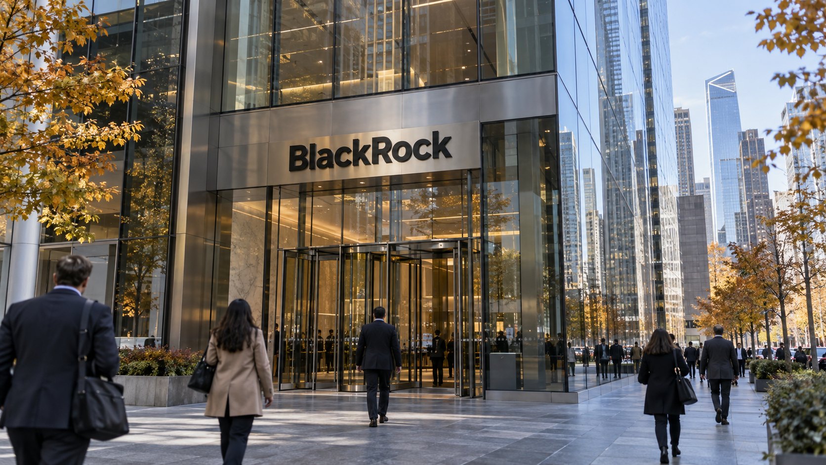 Ilustración editorial generada con IA: la entrada vidriada de la sede de BlackRock en Hudson Yards, Nueva York, con el nombre BlackRock sobre las puertas giratorias, árboles otoñales y ejecutivos de espaldas caminando hacia el edificio; composición conceptual, no es una fotografía del día.