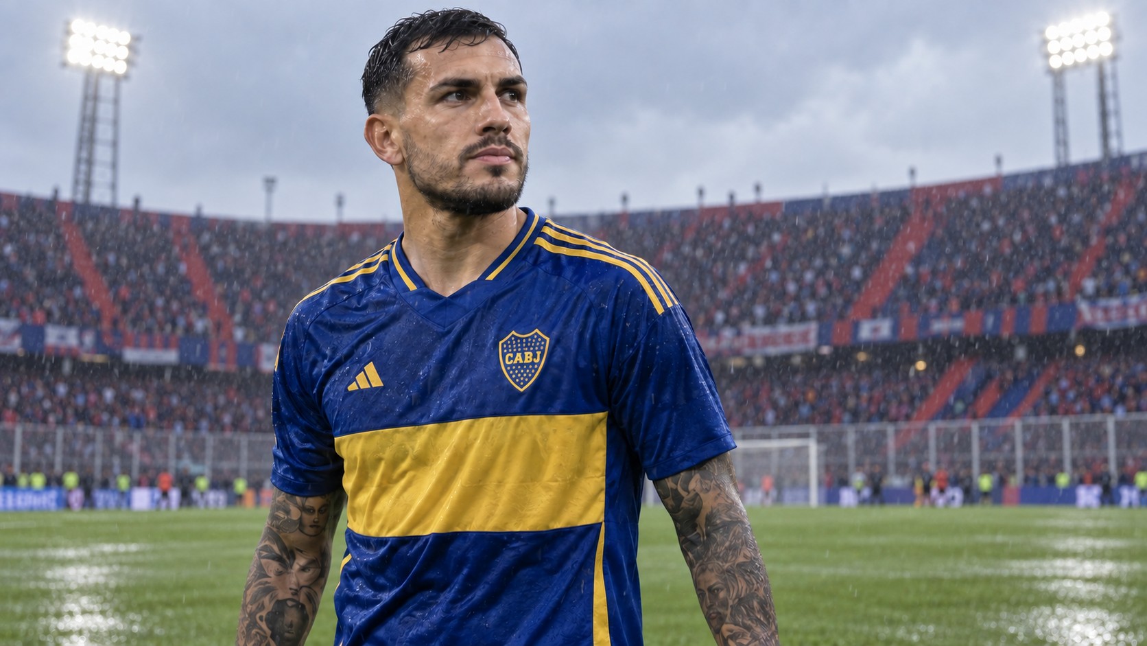 Ilustración con IA de Leandro Paredes con la camiseta de Boca en un entorno representativo de la cancha de San Lorenzo; no es una fotografía del partido.