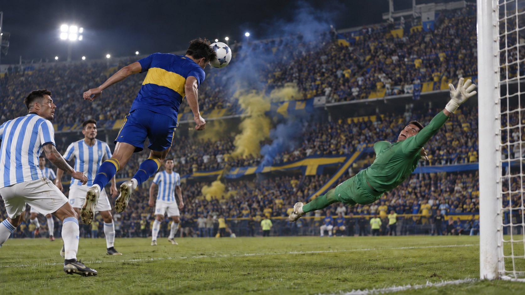 Ilustración editorial generada con IA: un futbolista con la camiseta azul y amarilla de Boca cabecea la pelota hacia el arco mientras el arquero se estira sin alcanzarla y defensores con la camiseta a bastones celestes y blancos de Racing miran, frente a una tribuna con humo azul y amarillo; no es una fotografía del partido.