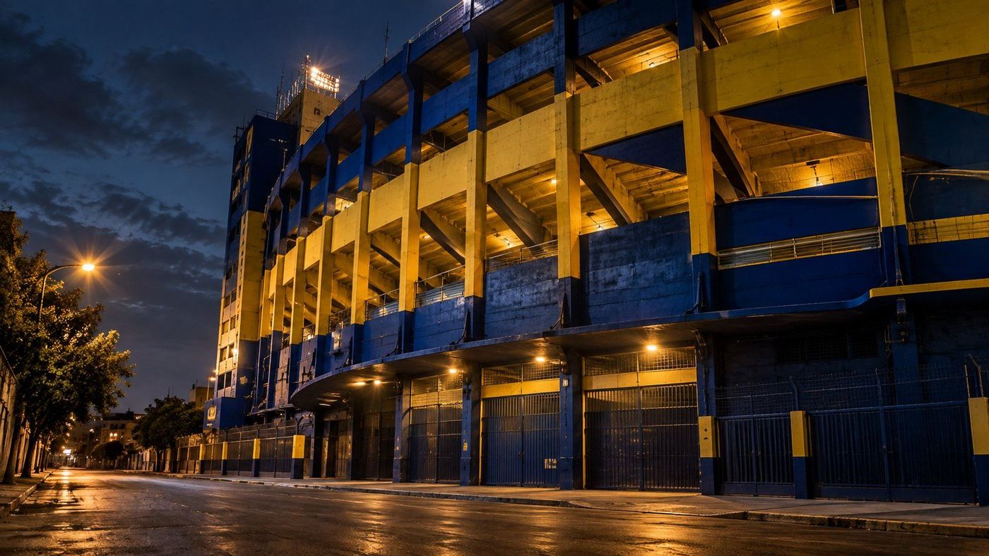 Fachada exterior iluminada del estadio La Bombonera de Boca Juniors, de noche