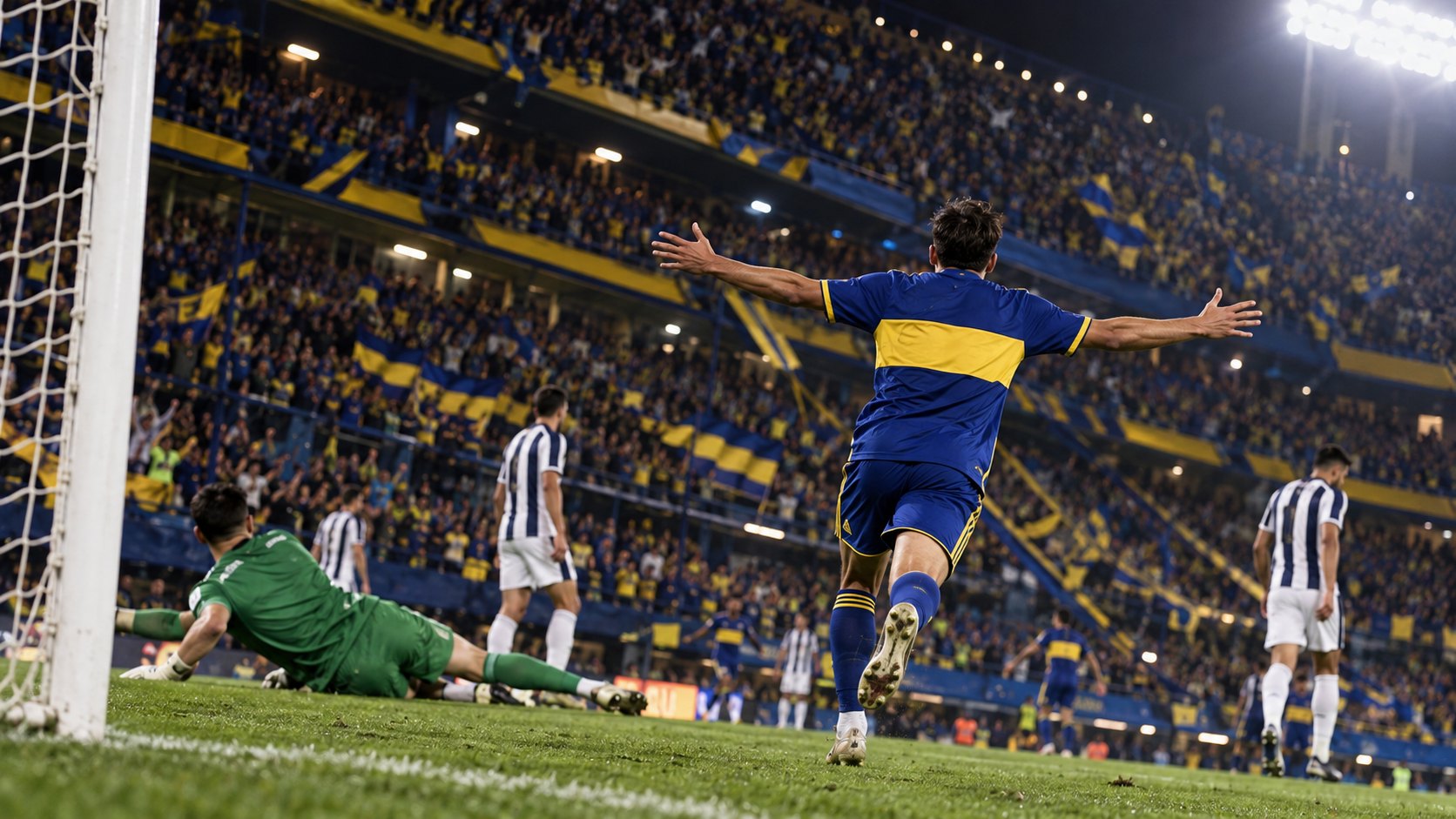 Ilustración editorial generada con IA: de noche en La Bombonera colmada de hinchas, un futbolista con la camiseta azul con franja amarilla de Boca corre de espaldas con los brazos abiertos festejando un gol mientras el arquero rival queda en el piso; no es una fotografía del partido ni representa a jugadores reales.