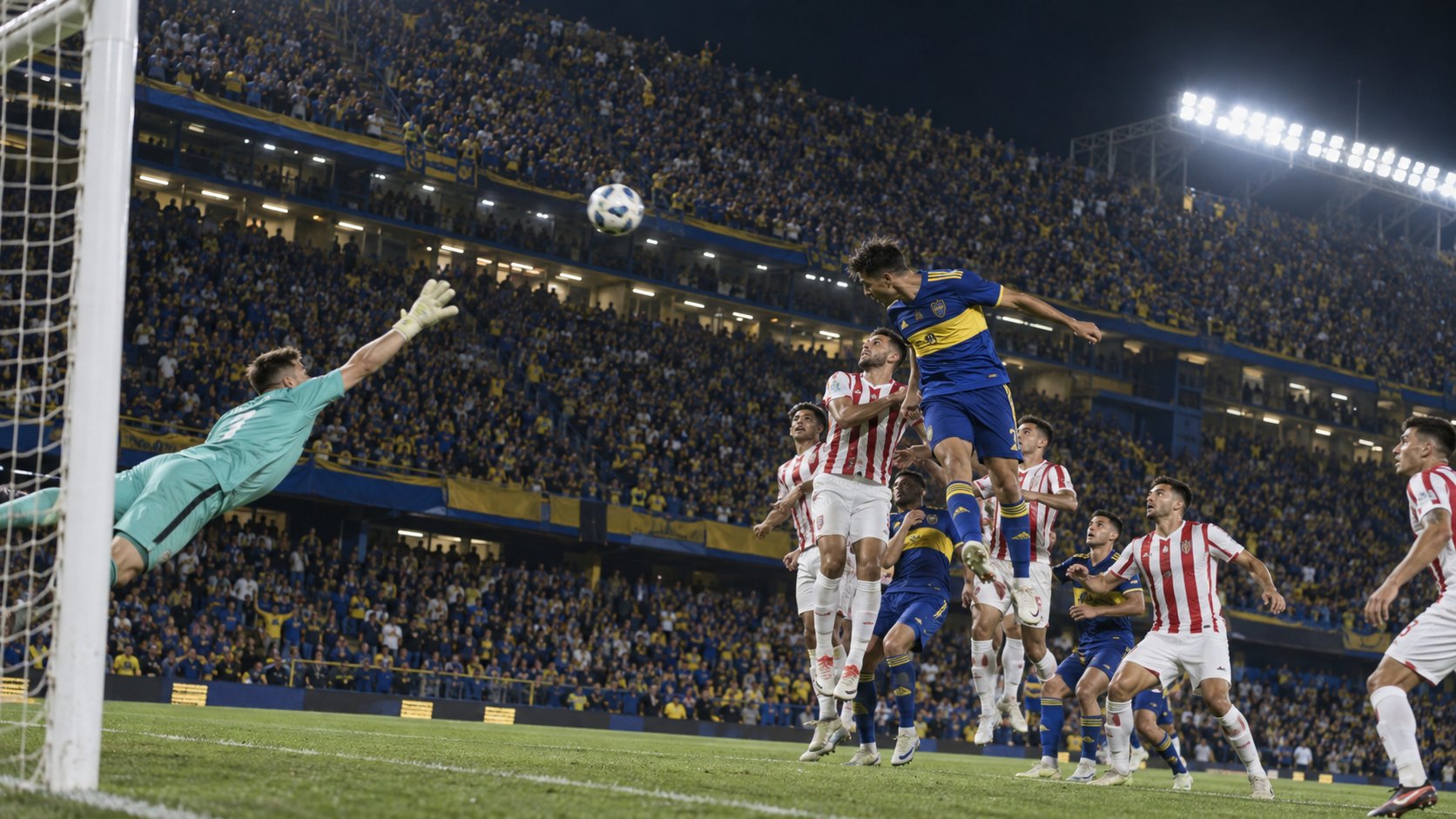 Ilustración editorial generada con IA: de noche, en la Bombonera con las tribunas llenas, un futbolista con la camiseta azul y amarilla de Boca cabecea la pelota hacia el arco mientras el arquero se estira y defensores con camiseta blanca a rayas rojas saltan detrás; no es una fotografía del partido ni representa a jugadores reales.