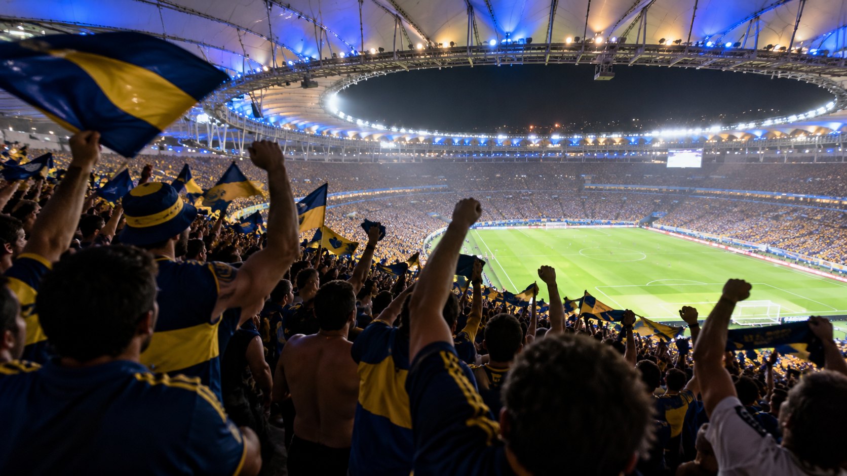 Ilustración editorial generada con IA: de noche, hinchas con camisetas y banderas azules y amarillas festejan de espaldas con los brazos en alto en una tribuna del Maracaná iluminado, con el anillo del techo y el campo de juego al fondo; composición conceptual, no es una fotografía del partido ni muestra a personas reales.