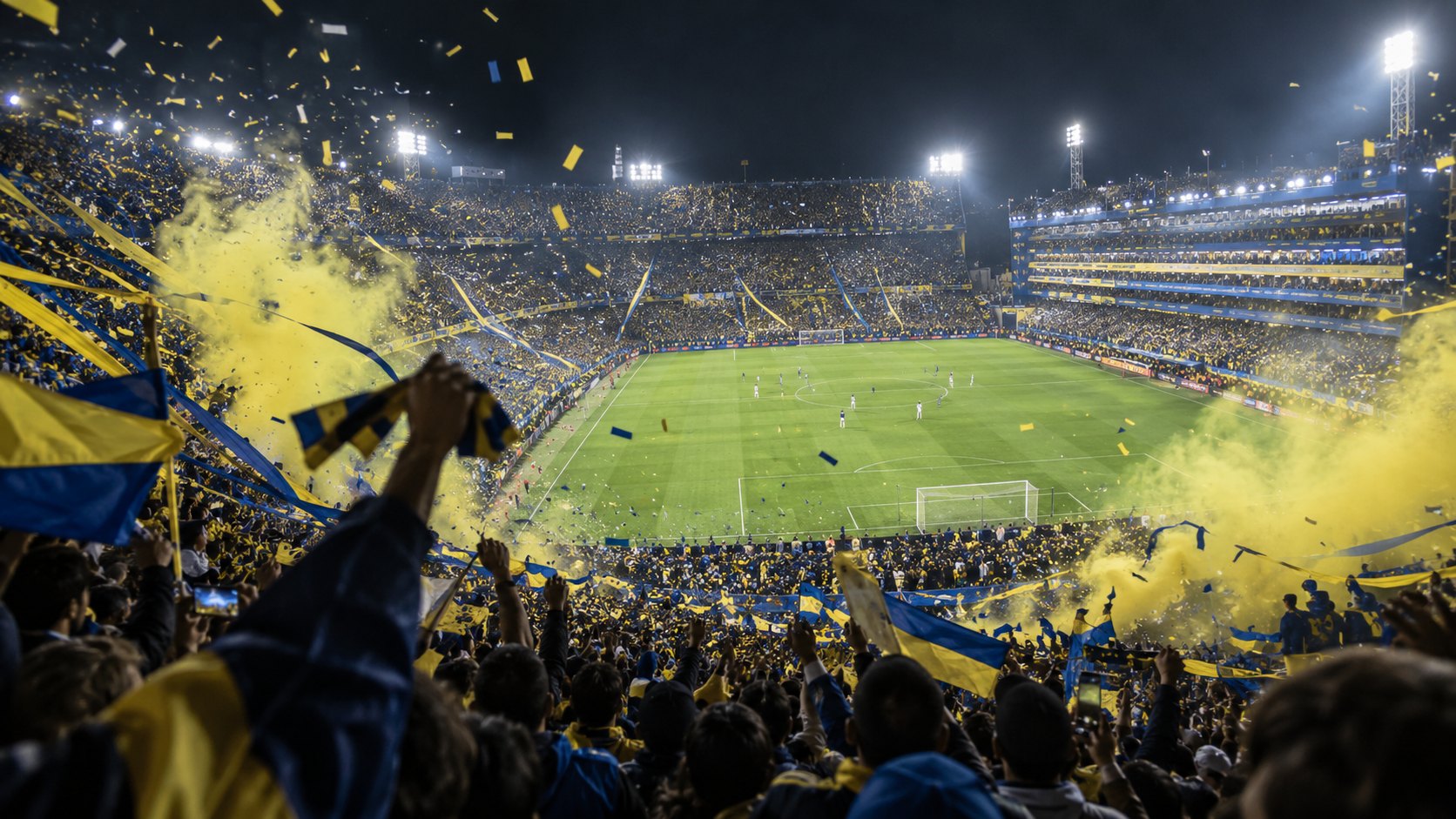 Ilustración editorial generada con IA: La Bombonera de noche, colmada, con hinchas de Boca que agitan banderas azules y amarillas entre humo amarillo y papelitos antes de un partido; no es una fotografía del partido ni representa a personas reales.