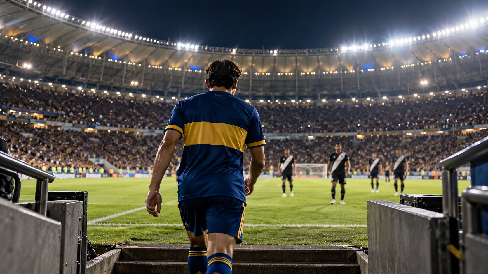 Ilustración editorial generada con IA: de noche, en un estadio brasileño colmado e iluminado, un futbolista de espaldas con camiseta azul con franja horizontal amarilla sale del túnel hacia el césped mientras, al fondo, rivales con camiseta negra y banda diagonal blanca esperan en el campo; no es una fotografía del partido ni representa a jugadores reales.