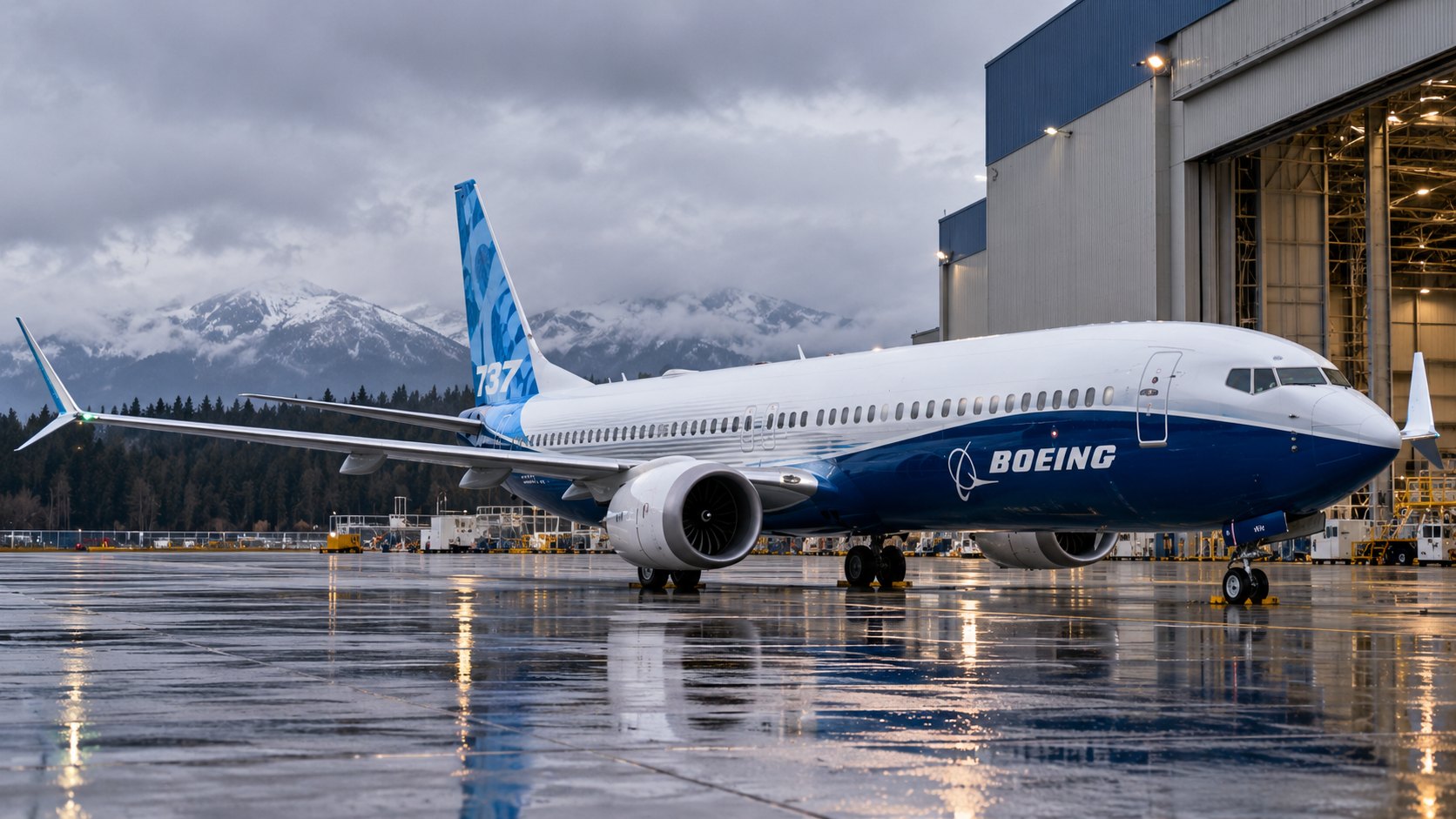 Ilustración editorial generada con IA: un Boeing 737 MAX con la librea blanca y azul de Boeing estacionado sobre una plataforma mojada frente a un hangar, con pinos y montañas nevadas al fondo bajo un cielo nublado; composición conceptual, no es una fotografía del avión certificado ni del acto en Everett.