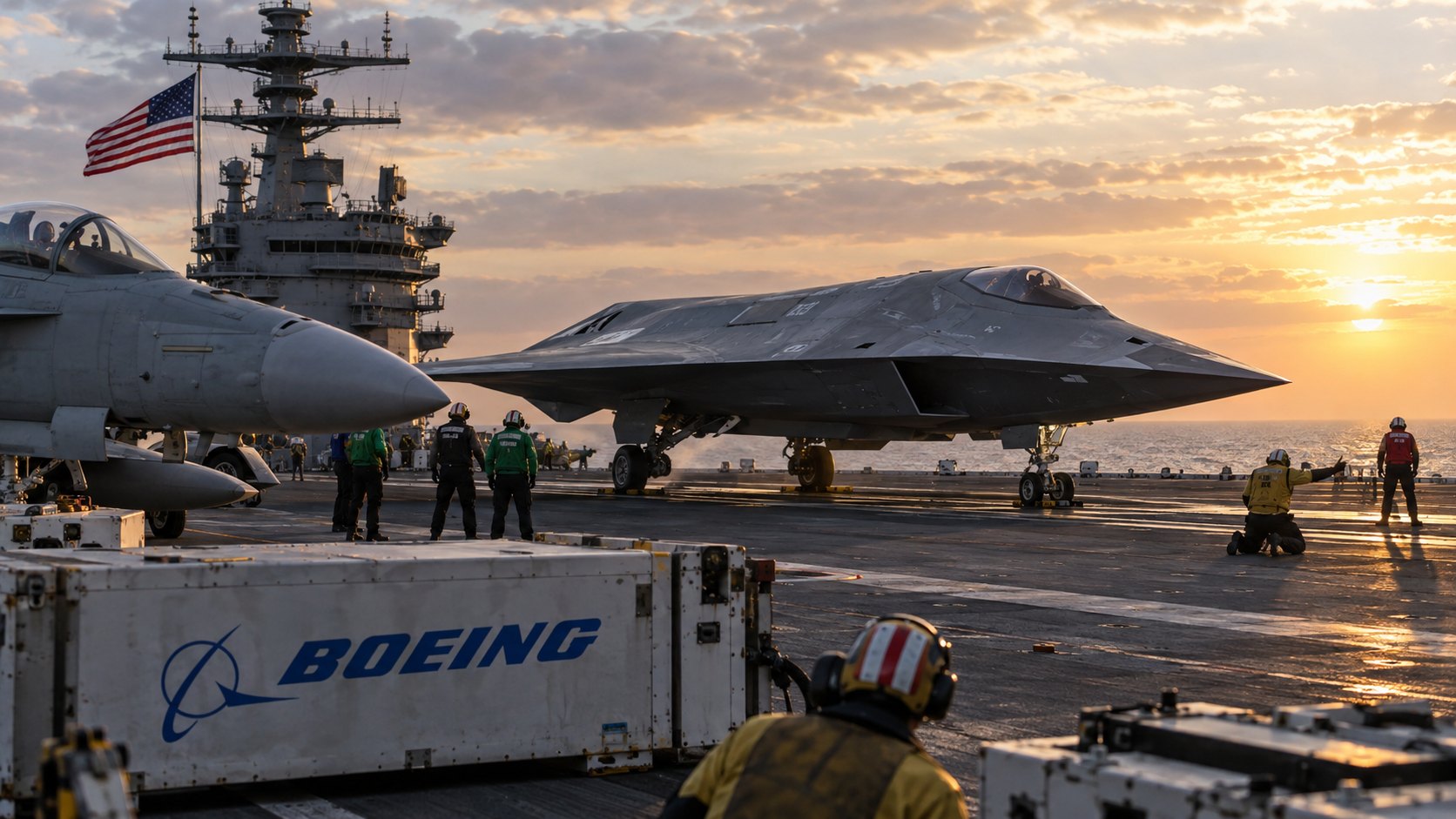 Ilustración editorial generada con IA: en la cubierta de un portaaviones de la Armada de EE.UU. al amanecer, un caza furtivo sin cola de diseño conceptual espera en la catapulta junto a un Super Hornet y un contenedor con el logo de Boeing; no es una imagen del avión real, cuyo diseño es clasificado.