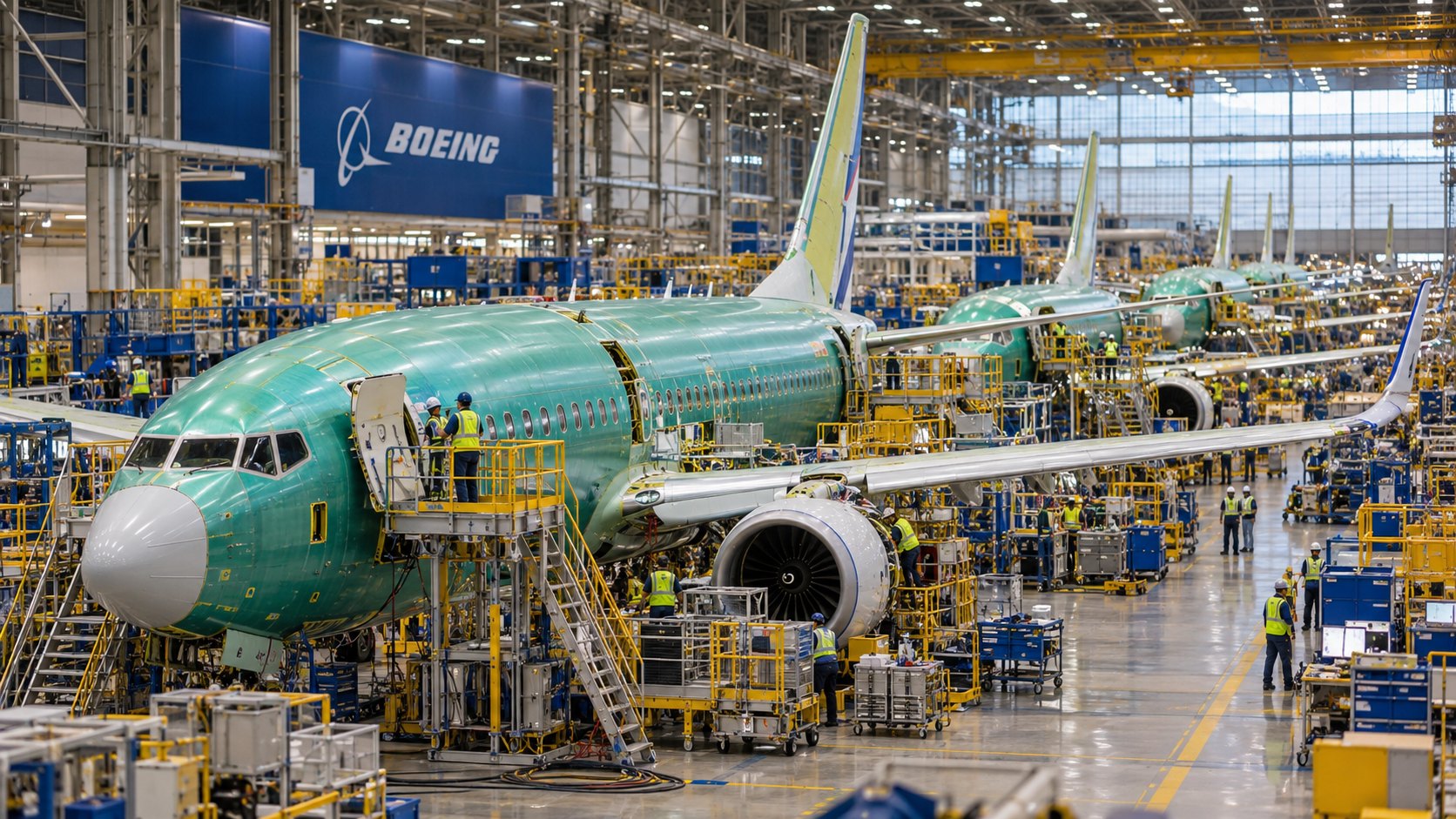Ilustración editorial generada con IA: la línea final de montaje del 737 MAX en una fábrica de Boeing, con fuselajes en fila, operarios con chaleco y el logo de Boeing en la pared del hangar; composición representativa, no es una fotografía de la planta.