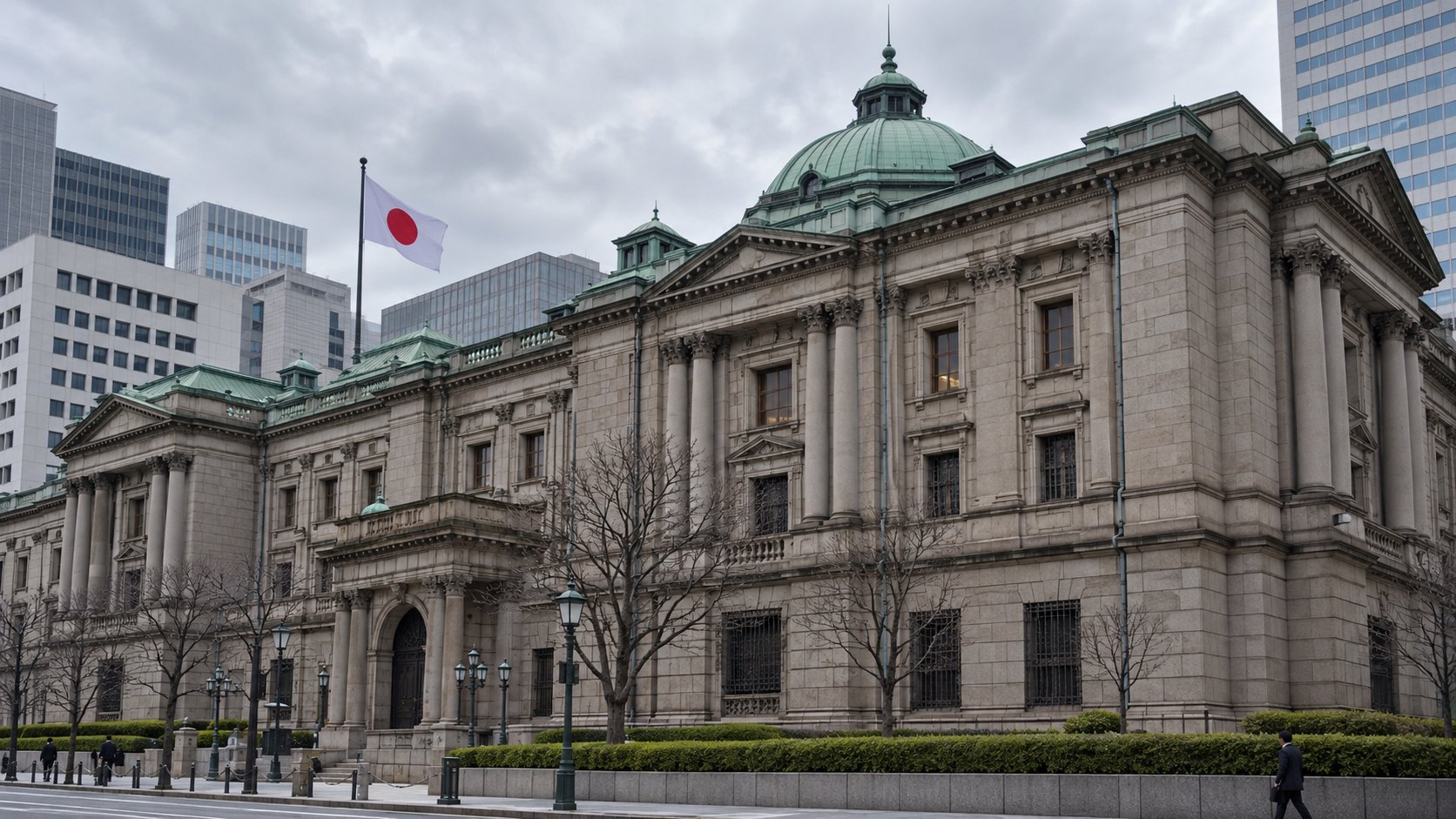 Ilustración editorial generada con IA: la sede histórica de piedra del Banco de Japón en Nihonbashi, Tokio, con la bandera de Japón, en un día nublado; composición conceptual, no es una fotografía de la reunión.