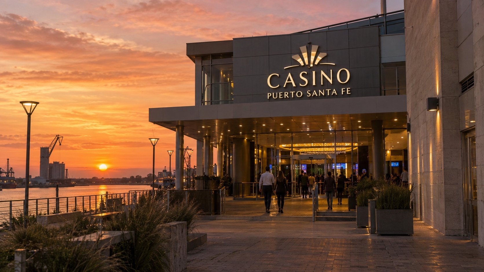 Ilustración editorial generada con IA: fachada del Casino Puerto Santa Fe al atardecer, con su cartel y gente ingresando, junto al puerto de Santa Fe; composición conceptual, no es una fotografía documental.