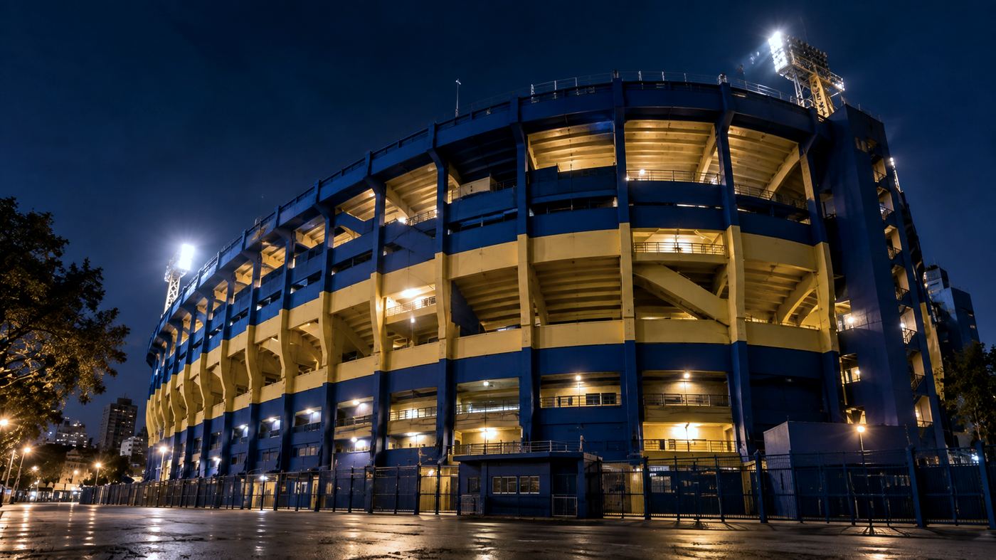 Fachada exterior del estadio La Bombonera de Boca Juniors iluminada de noche, con sus tribunas curvas características