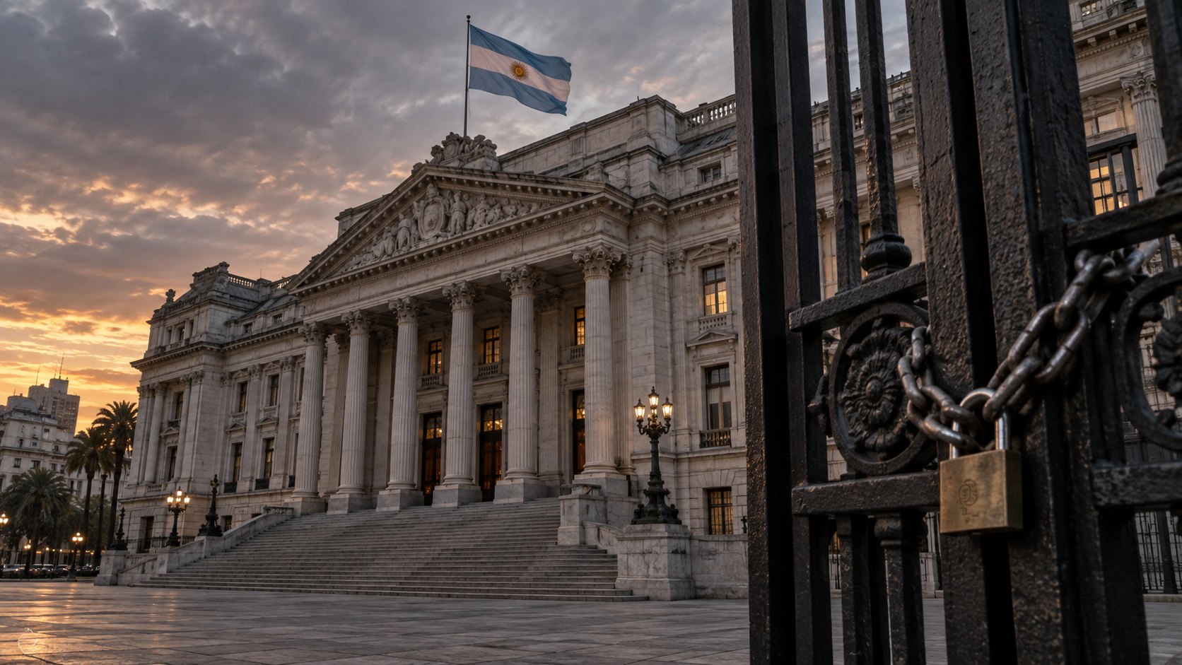 Ilustración editorial generada con IA: un edificio neoclásico de gobierno con columnas y escalinata, con la bandera argentina flameando sobre la entrada al atardecer, y en primer plano una reja de hierro cerrada con cadena y candado; composición conceptual que alude a la suspensión de las emisiones de Bonares, no es una fotografía del Ministerio de Economía ni de un hecho real.