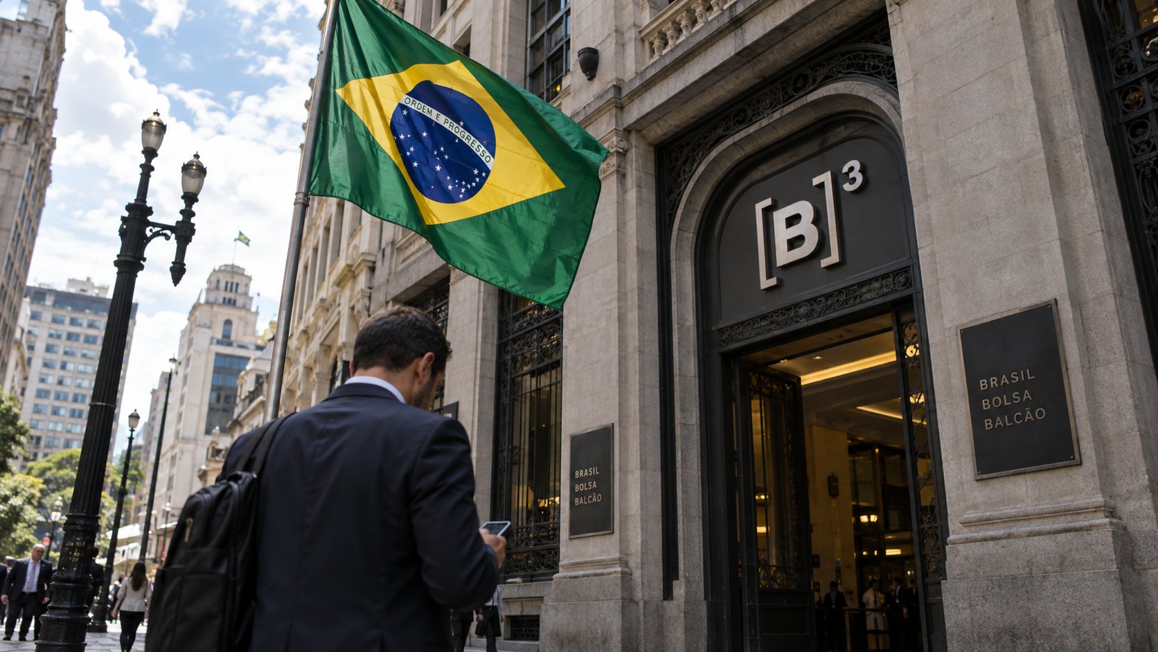 Ilustración editorial generada con IA: un hombre de traje de espaldas mira su celular frente a la fachada de piedra de la sede de la B3 en el centro de São Paulo, con el logo de la bolsa sobre la entrada y una gran bandera de Brasil flameando en primer plano; composición conceptual, no es una fotografía de la jornada.