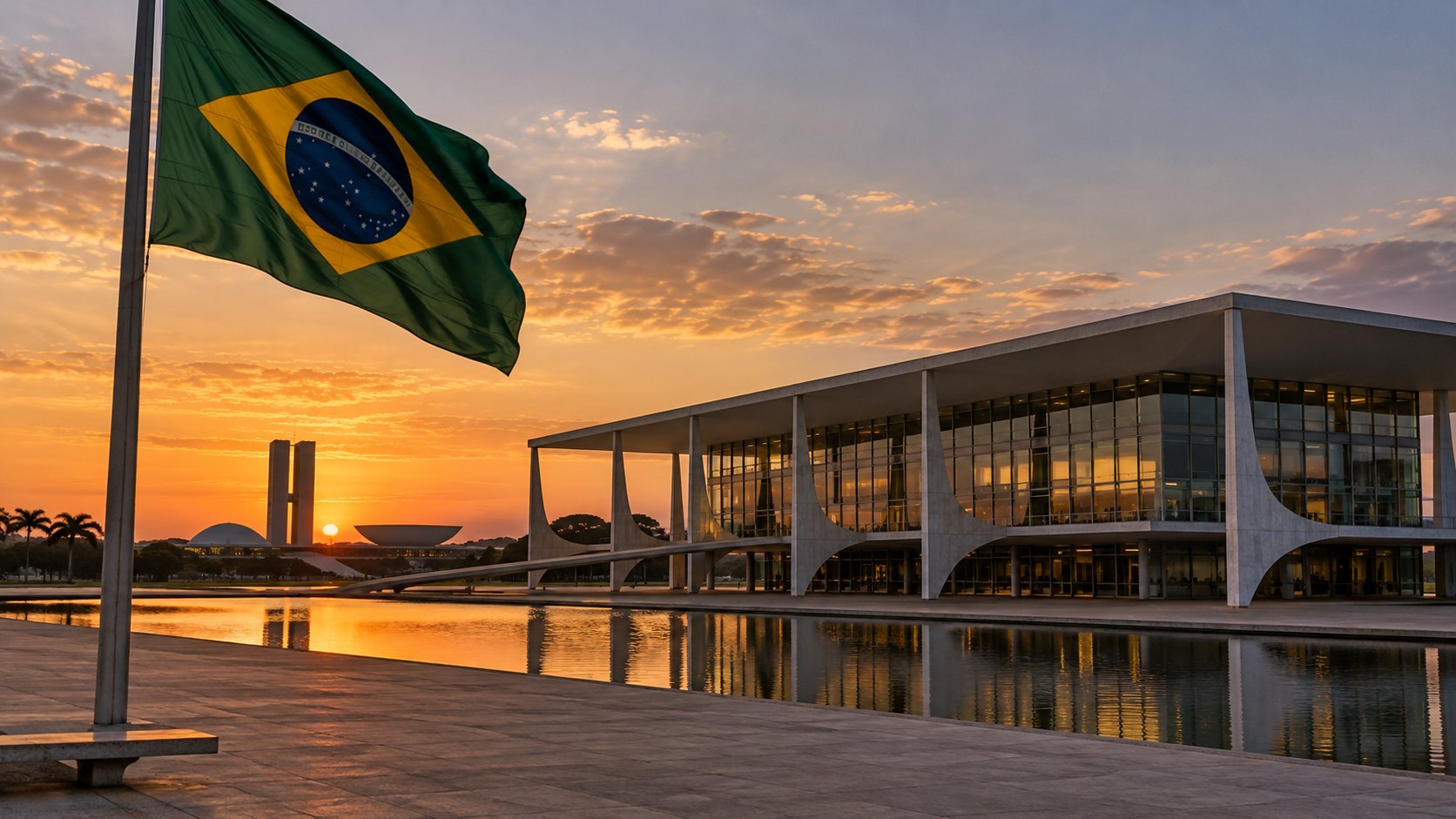 Ilustración editorial generada con IA: el Palácio do Planalto, sede de la Presidencia de Brasil, en Brasilia al atardecer, con una bandera brasileña flameando en primer plano; composición conceptual, no es una fotografía de la campaña.
