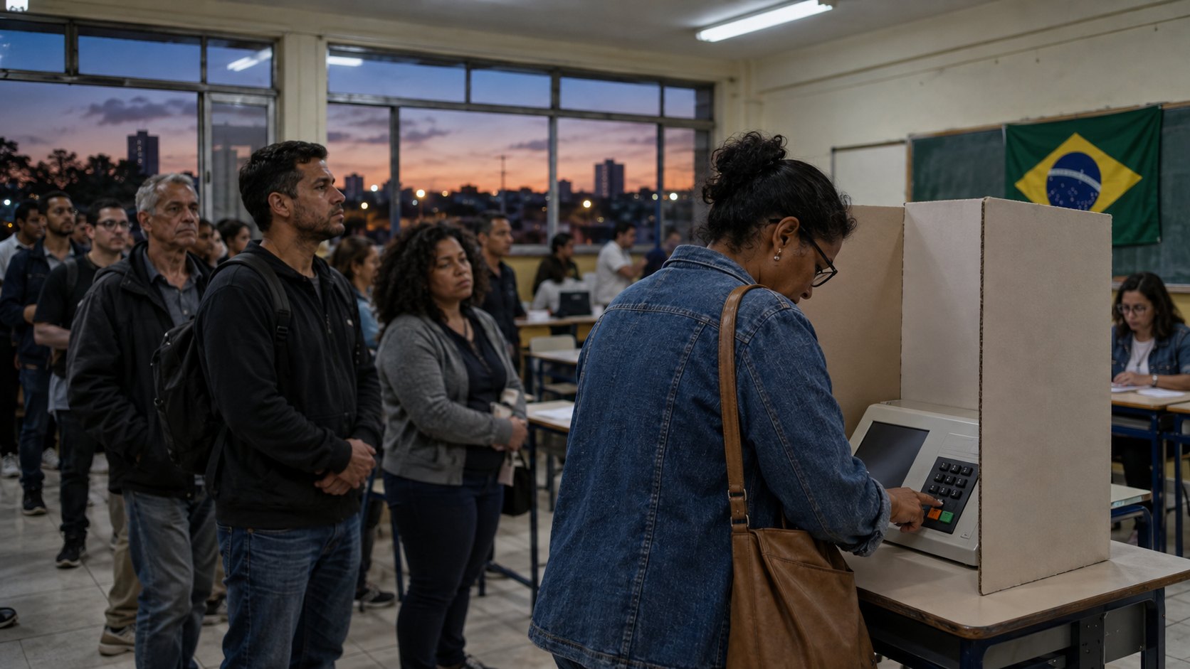 Ilustración editorial generada con IA: en un aula de una escuela brasileña al atardecer, una votante usa la urna electrónica del TSE detrás de una cabina de cartón mientras una fila de votantes espera, con una bandera de Brasil en la pared; composición conceptual, no es una fotografía del balotaje.