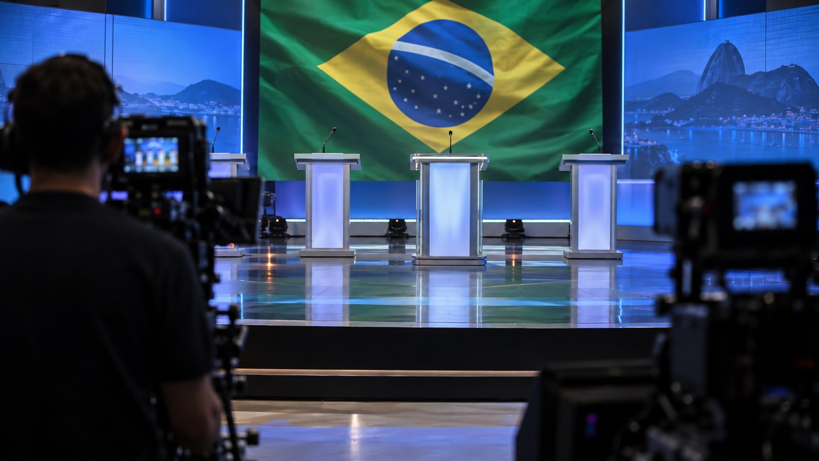 Ilustración editorial generada con IA: un estudio de televisión iluminado con atriles de debate vacíos, una gran bandera de Brasil al fondo y un camarógrafo de espaldas junto a su cámara en primer plano; composición conceptual, no es una fotografía del estudio de TV Globo ni del debate.