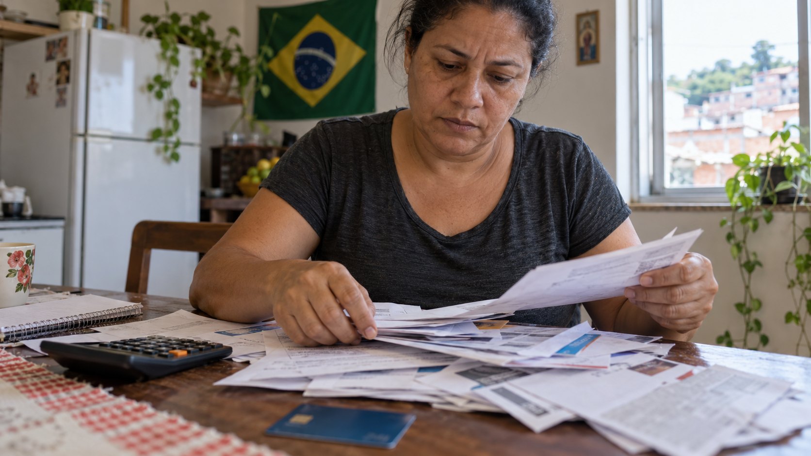 Ilustración editorial generada con IA: una mujer revisa facturas y cartas de cobranza vencidas junto a una tarjeta de crédito y una calculadora sobre la mesa de su cocina, con una bandera de Brasil en la pared; composición conceptual, no es una fotografía de una persona ni de deudas reales.