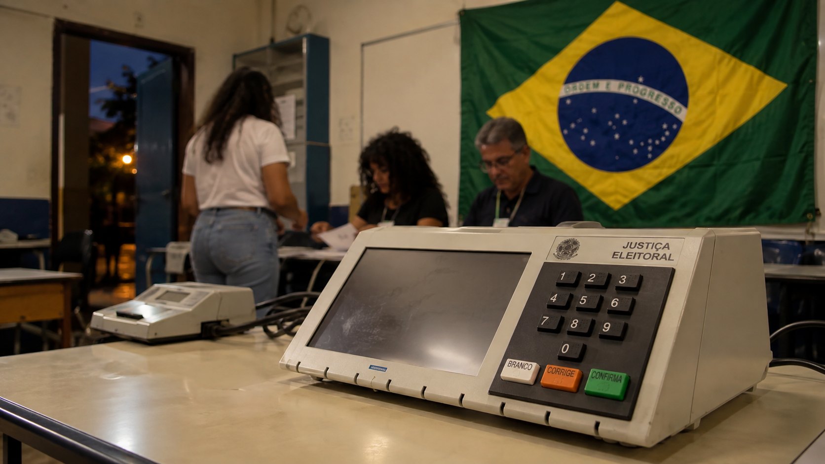 Ilustración editorial generada con IA: una urna electrónica brasileña gris con su teclado numérico sobre una mesa de un centro de votación escolar, con autoridades de mesa trabajando detrás y una gran bandera de Brasil colgada en la pared; composición conceptual, no es una fotografía documental de una mesa ni de un escrutinio real.