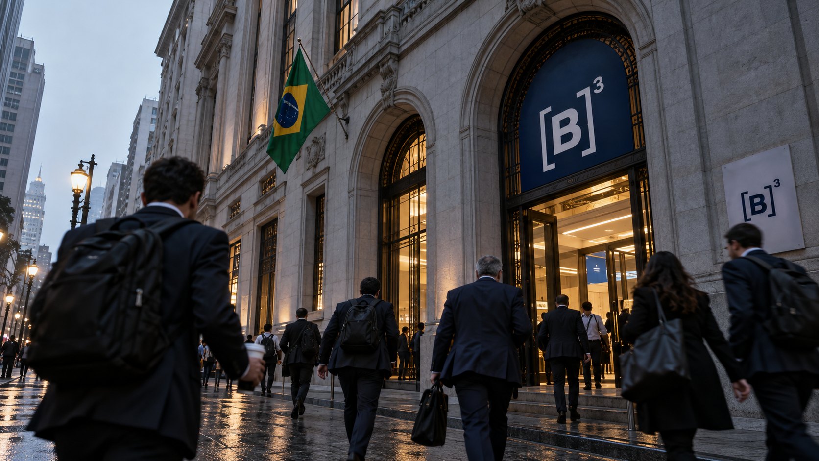 Ilustración editorial generada con IA: la fachada histórica de la bolsa B3 en el centro de São Paulo al amanecer, con una bandera de Brasil y operadores que llegan antes de la apertura; composición conceptual, no es una fotografía de la jornada del 26 de octubre.
