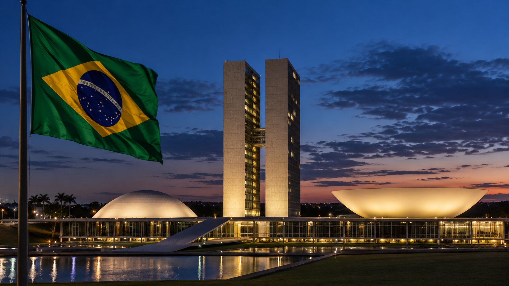 Ilustración editorial generada con IA: el edificio del Congreso Nacional de Brasil en Brasilia, con sus dos torres y las cúpulas de Oscar Niemeyer iluminadas al anochecer, y una bandera de Brasil flameando en primer plano; composición representativa, no es una fotografía de la sesión del Senado.