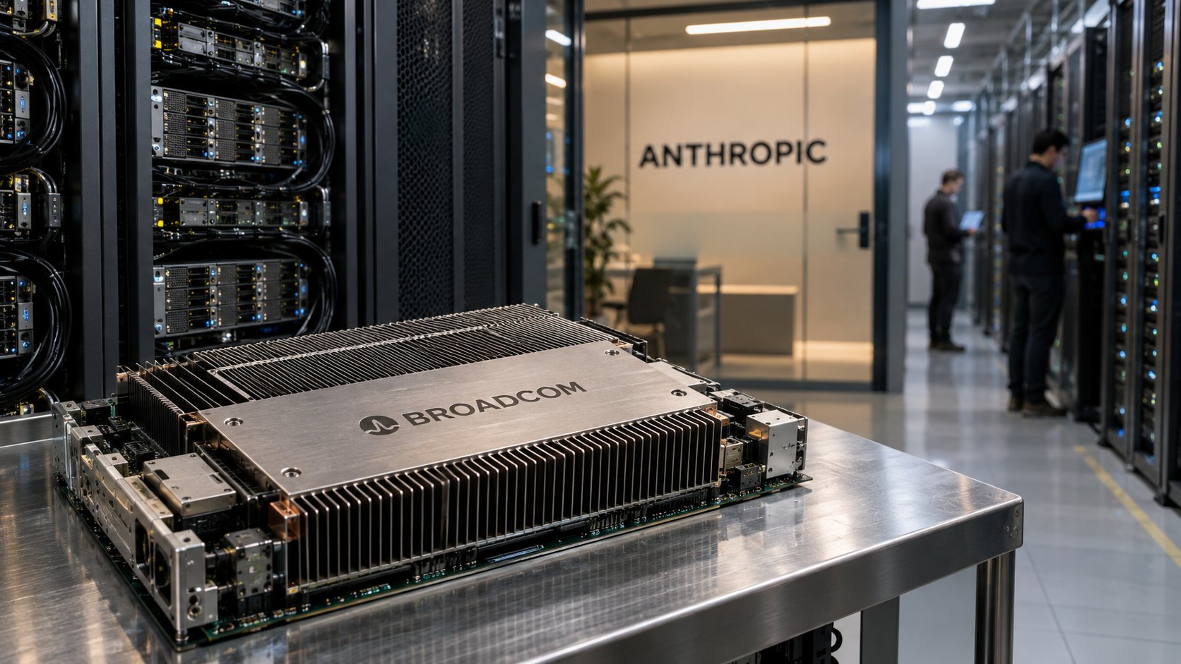 Ilustración editorial generada con IA: un chip con la marca Broadcom sobre una mesa metálica en el pasillo de un centro de datos, con el logotipo de Anthropic en una pared de vidrio al fondo; composición conceptual, no es una fotografía de instalaciones reales de ninguna de las dos empresas.