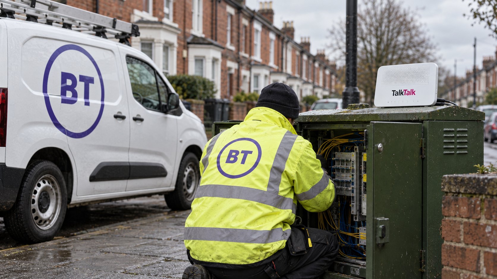 Ilustración editorial generada con IA: un técnico de espaldas con chaleco de BT trabaja en un gabinete de banda ancha de vereda en una calle residencial británica, junto a una camioneta blanca con el logo de BT y un router de TalkTalk apoyado sobre el gabinete; composición conceptual, no es una fotografía de las empresas.