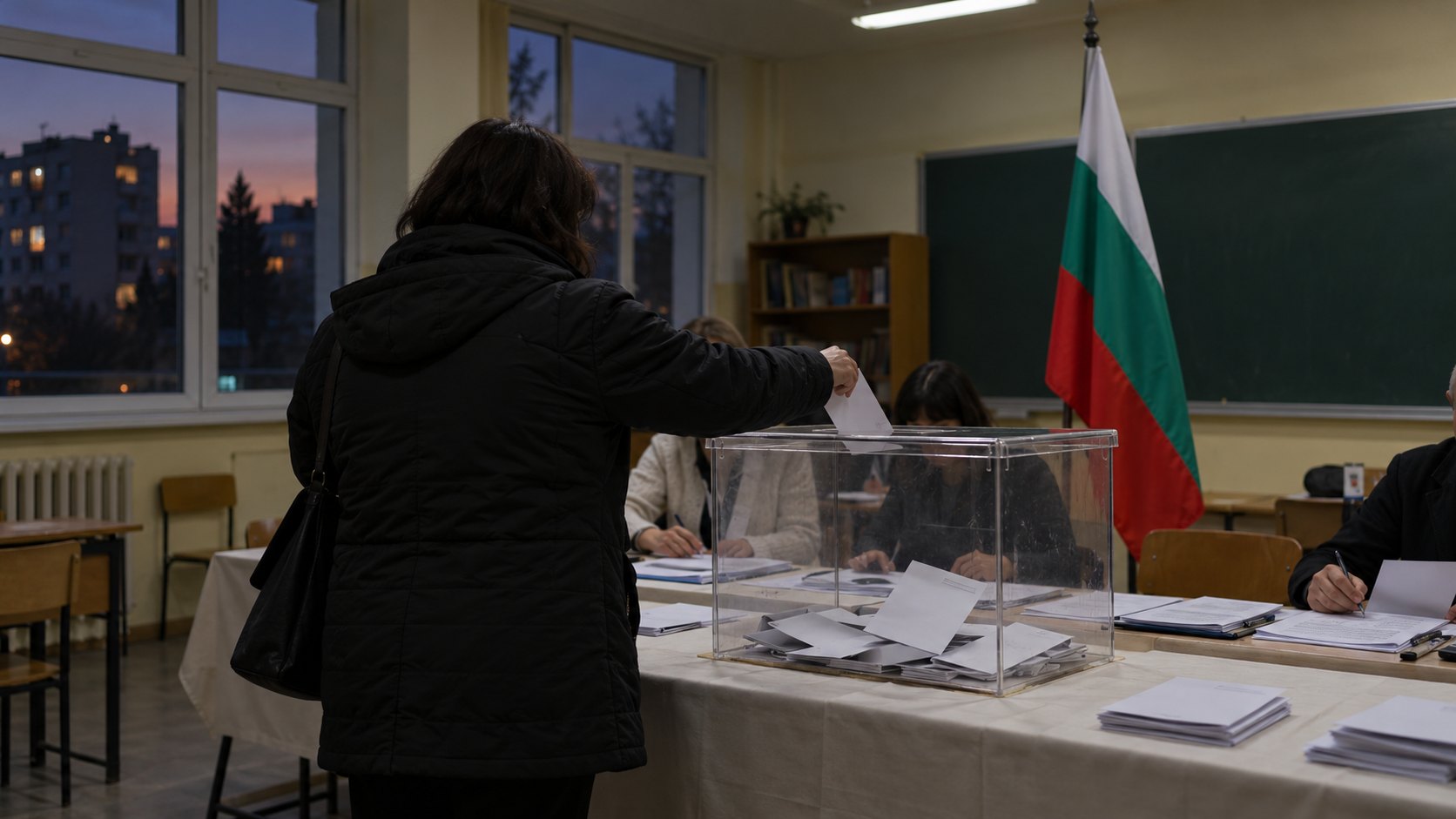Ilustración editorial generada con IA: en un aula escolar de Sofía al anochecer, una votante de espaldas deposita su sobre en una urna transparente frente a los miembros de la mesa, con la bandera blanca, verde y roja de Bulgaria detrás; no es una fotografía del hecho.