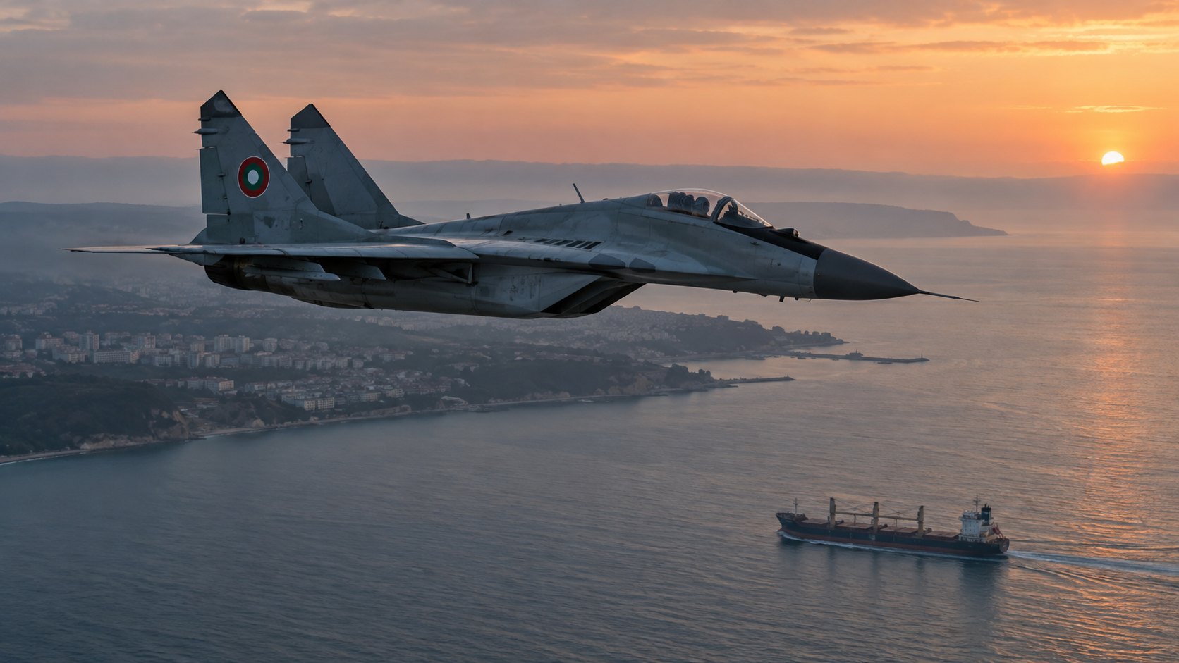 Ilustración editorial generada con IA: un caza MiG-29 con la escarapela de la Fuerza Aérea de Bulgaria patrulla a baja altura sobre la costa del mar Negro al atardecer, con una ciudad costera y un carguero navegando abajo; composición conceptual, no es una fotografía de un vuelo o un despliegue real.