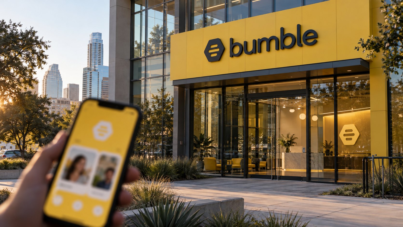 Ilustración editorial generada con IA: la fachada amarilla de una oficina de Bumble con el logo de la marca en Austin, Texas, al atardecer, y en primer plano una mano que sostiene un teléfono con la aplicación abierta; composición conceptual, no es una fotografía de la sede real.