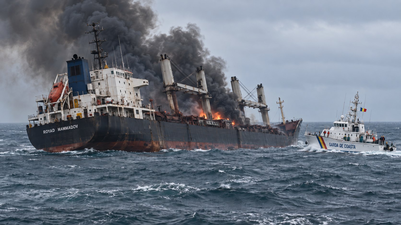 Ilustración editorial generada con IA: un carguero con el nombre «Royad Mammadov» en la popa arde y se escora en el mar Negro bajo una columna de humo negro, mientras se acerca un patrullero de la Guardia Costera de Rumania con la bandera rumana; composición conceptual, no es una fotografía del hecho.