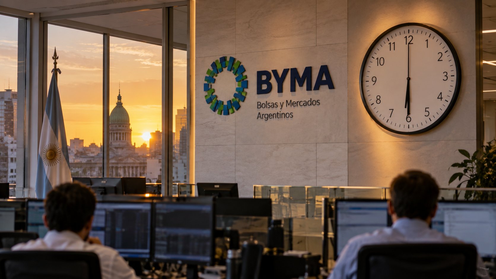 Ilustración editorial generada con IA: sala de operaciones con la marca BYMA y un reloj cerca de las 18 horas; no representa una rueda ni un lugar real.