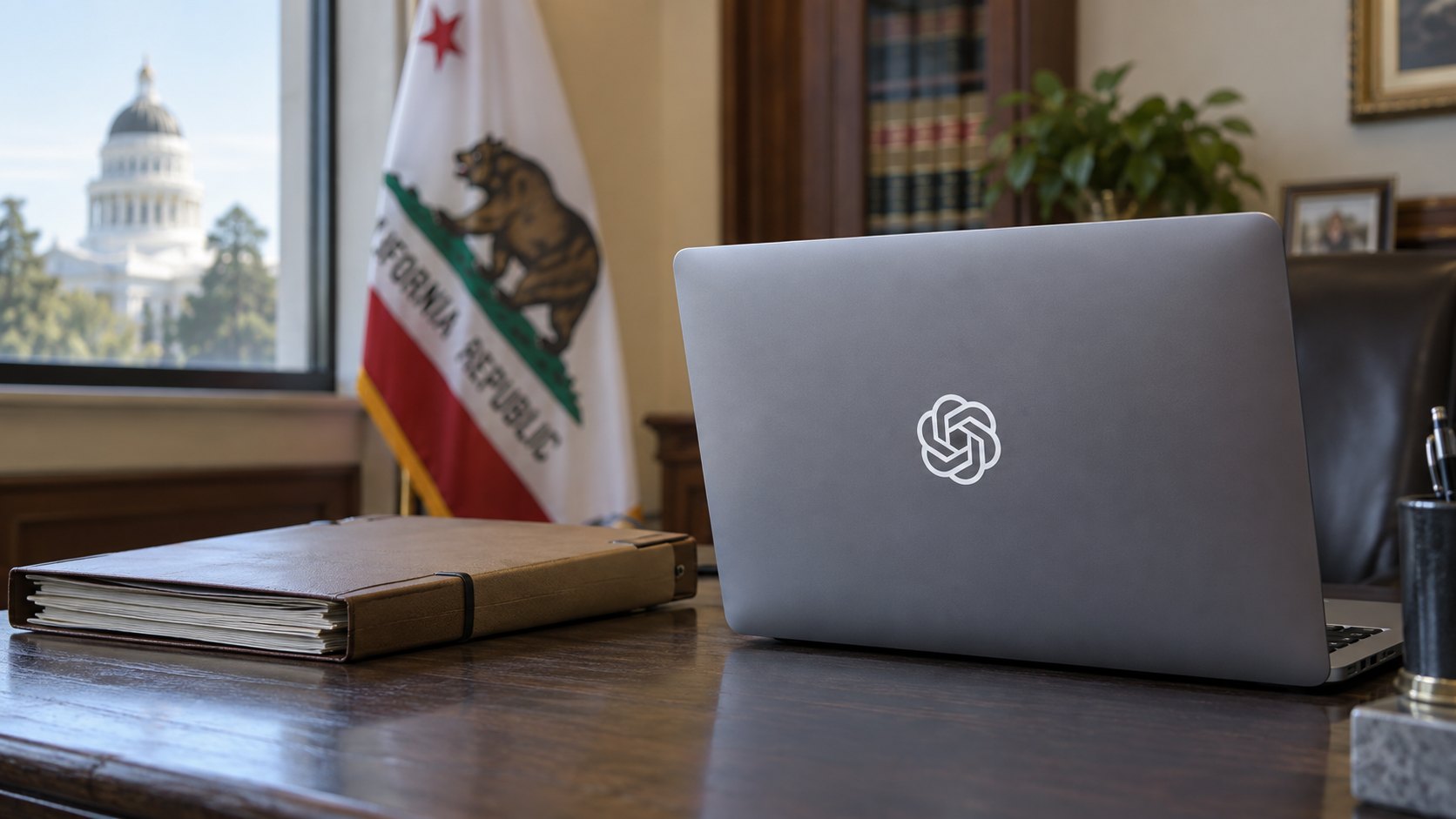 Ilustración editorial generada con IA: una laptop con el logo de OpenAI sobre un escritorio de madera junto a carpetas de expedientes, con la bandera del estado de California y el Capitolio de Sacramento detrás de una ventana; composición conceptual, no es una fotografía de oficinas ni documentos reales.