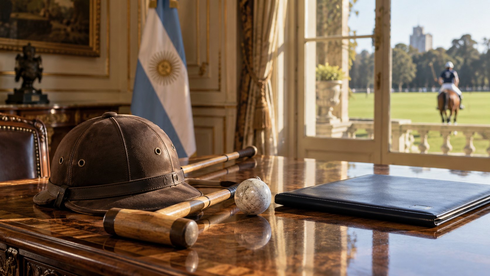 Ilustración editorial generada con IA: un casco, un taco y una bocha de polo junto a una carpeta de cuero azul sobre una mesa en un salón clásico con una bandera argentina, y a través del ventanal una cancha de polo con un jugador a caballo desenfocado; composición conceptual, no es una fotografía de la Cancillería ni de Adolfo Cambiaso.
