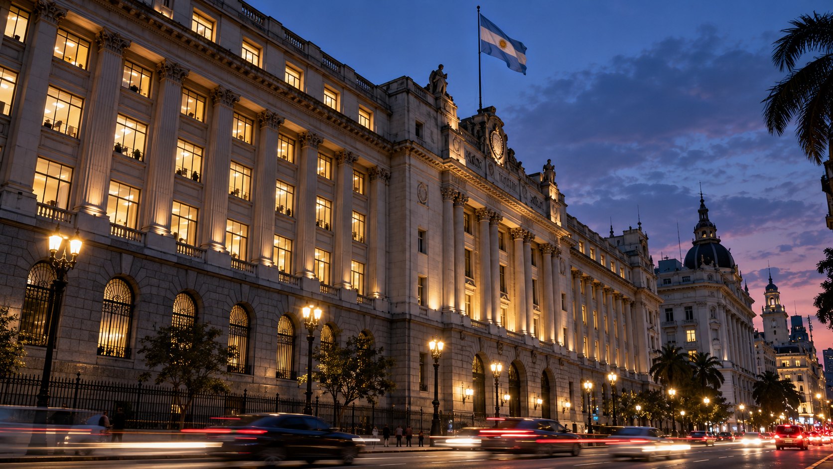 Ilustración editorial generada con IA: el Palacio de Hacienda, sede del Ministerio de Economía en Buenos Aires, al anochecer, con las ventanas iluminadas, la bandera argentina en el mástil y autos que pasan con estelas de luz; composición conceptual, no es una fotografía de la operación de canje.