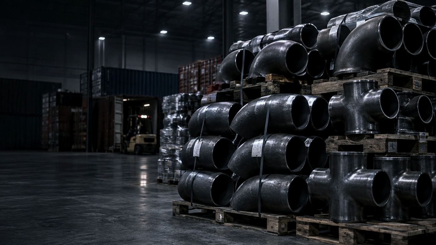 Pilas de accesorios de tubería de acero (codos y tes) apiladas sobre pallets en un depósito industrial, bajo luz fría cenital