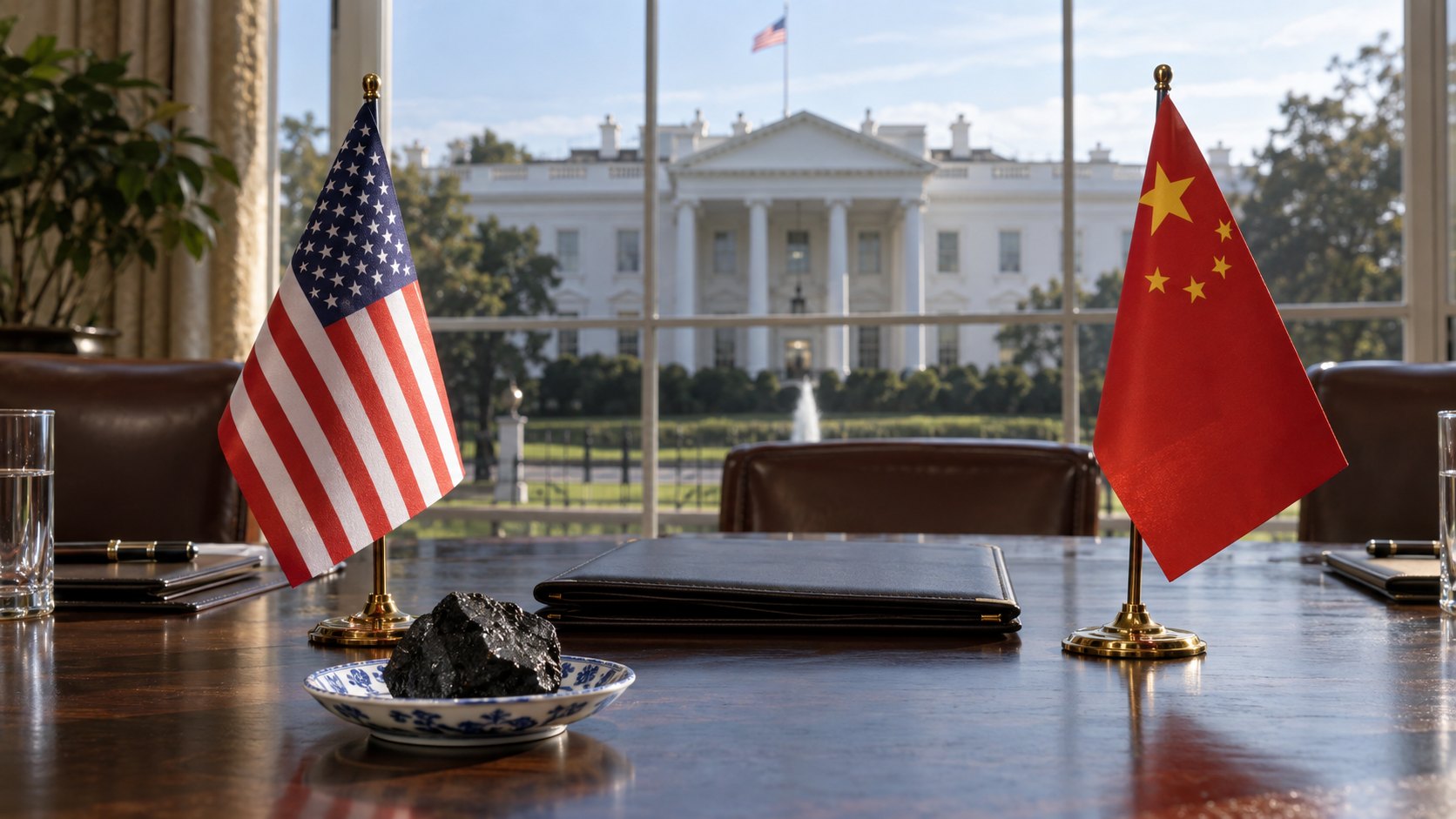 Ilustración editorial generada con IA: banderas de mesa de Estados Unidos y China sobre una mesa de firma, con una carpeta cerrada y un trozo de carbón mineral, frente a un ventanal con vista a la Casa Blanca; composición conceptual, no es una fotografía de un hecho real.