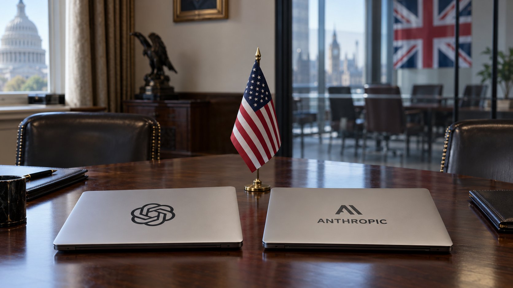 Ilustración editorial generada con IA: dos laptops cerradas con los logos de OpenAI y Anthropic sobre una mesa de reuniones con una bandera de Estados Unidos, el Capitolio por la ventana y, detrás de un vidrio, una bandera del Reino Unido con el Big Ben al fondo; composición conceptual, no es una fotografía de una reunión real.