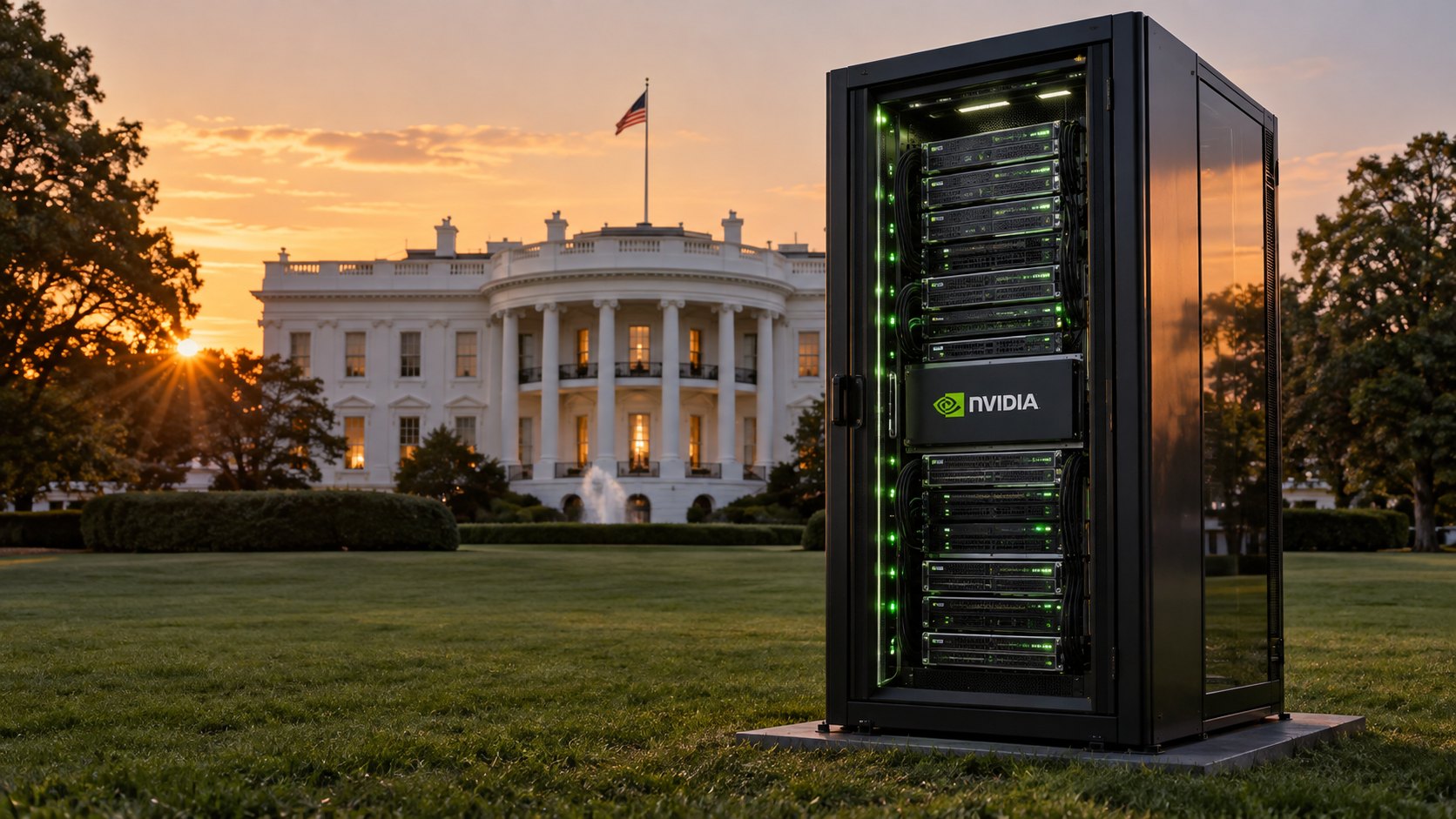 Ilustración editorial generada con IA: la Casa Blanca al atardecer y, sobre el césped en primer plano, un rack de servidores de supercomputación con el logo de Nvidia y luces verdes encendidas; composición conceptual, no es una fotografía de la cumbre.