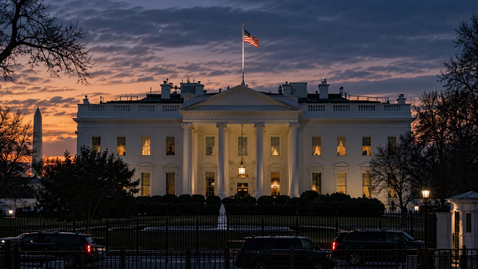 Ilustración editorial generada con IA: la fachada norte de la Casa Blanca iluminada al anochecer, con la bandera de Estados Unidos en el techo y el obelisco del Monumento a Washington al fondo; composición conceptual, no es una fotografía de una reunión real.