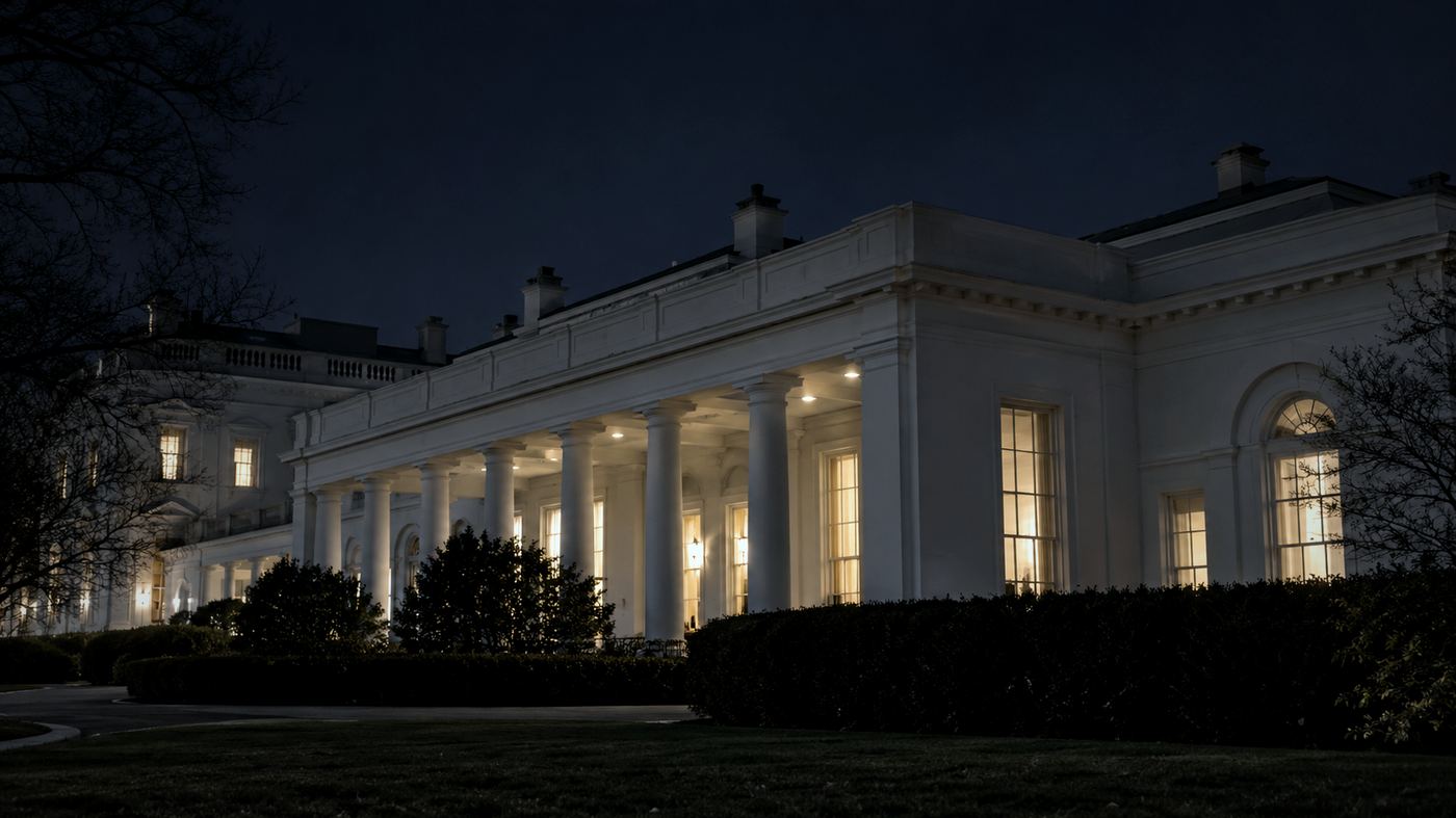 Fachada del ala oeste de la Casa Blanca de noche, con las ventanas iluminadas