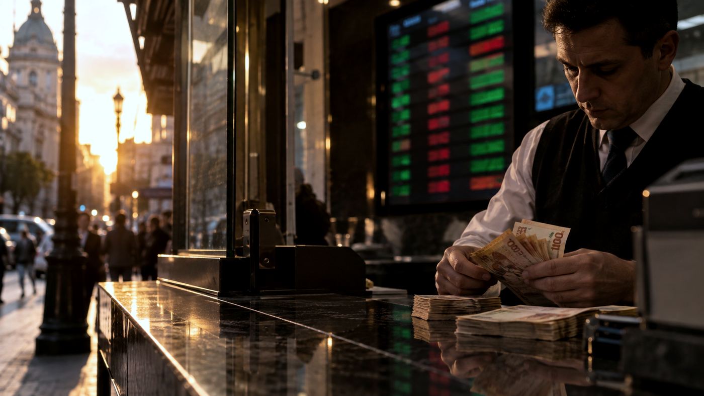 Empleado de una casa de cambio en el microcentro porteño contando billetes de pesos argentinos al atardecer