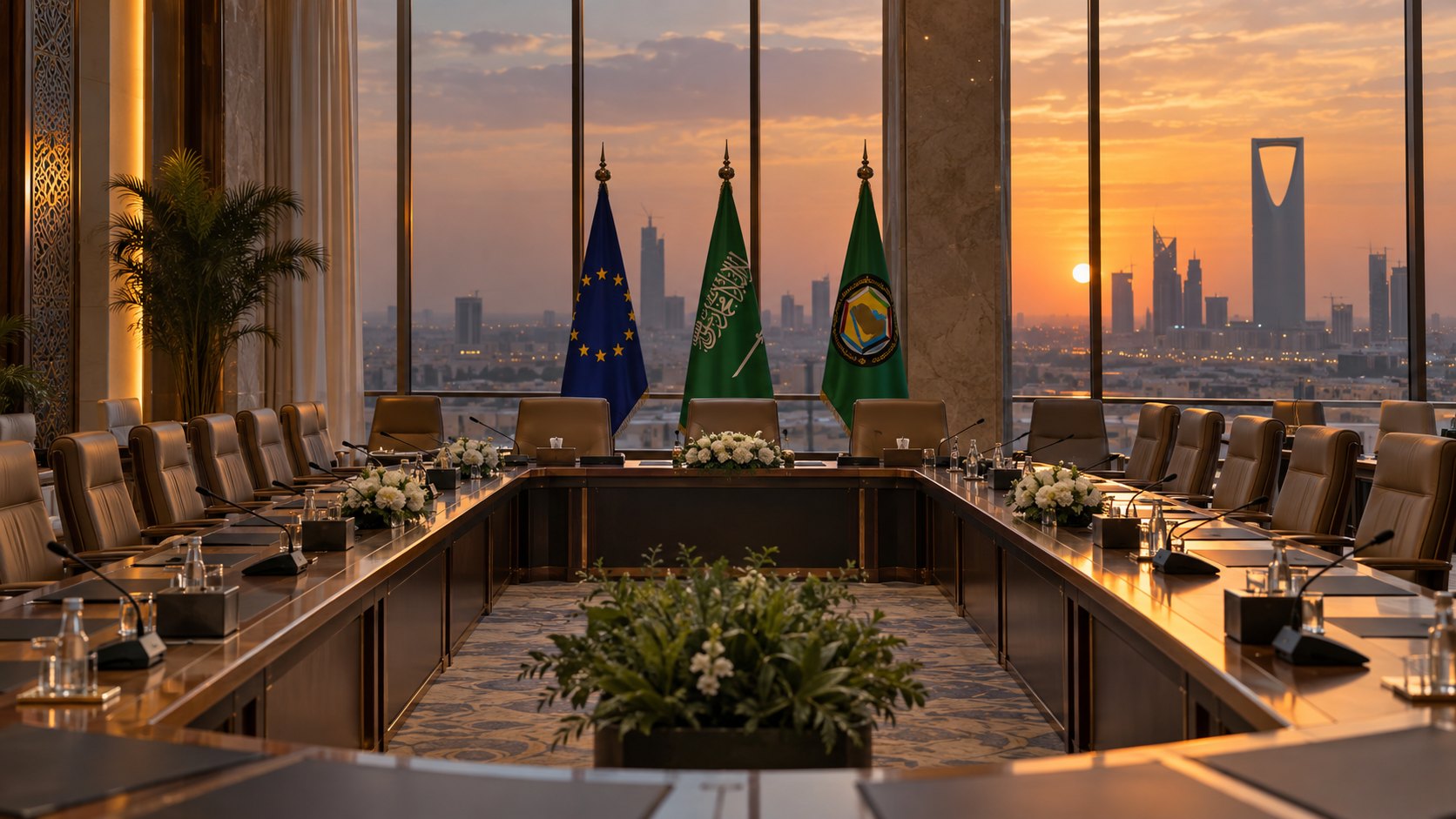 Ilustración editorial generada con IA: un salón de conferencias vacío en Riad, preparado para una cumbre, con una mesa en herradura, sillas y micrófonos sin uso y al fondo las banderas de la Unión Europea, de Arabia Saudita y del Consejo de Cooperación del Golfo frente a ventanales con el skyline de la ciudad y la torre Kingdom Centre al atardecer; composición representativa, no es una fotografía de la sede real de la cumbre.