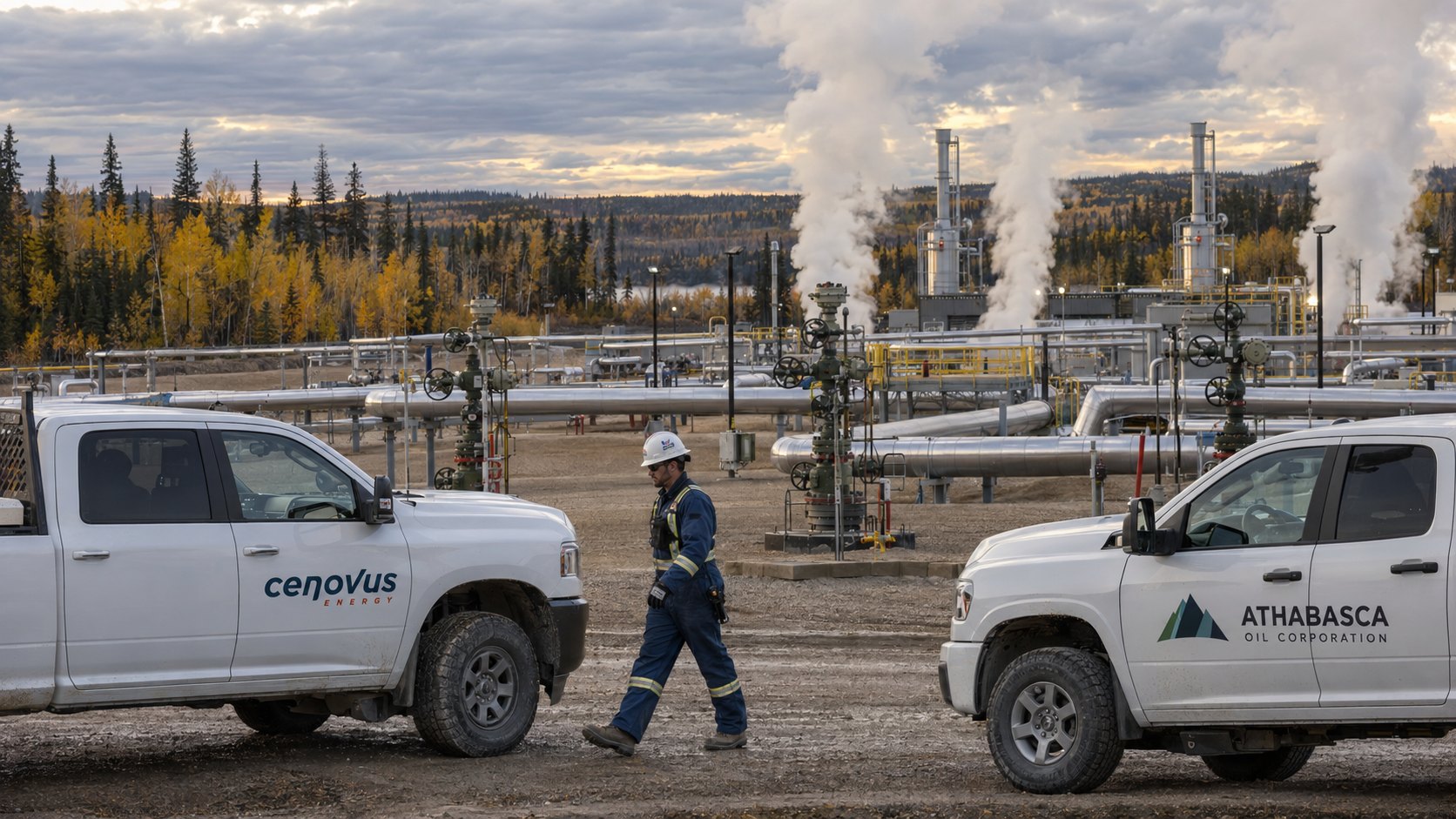 Ilustración editorial generada con IA: dos camionetas blancas de servicio, una con el logo de Cenovus y otra con el de Athabasca, estacionadas en una plataforma de pozos de arenas petrolíferas con columnas de vapor y bosque boreal otoñal, mientras un operario con casco camina entre ambas; composición conceptual, no es una fotografía de una instalación real de las empresas.