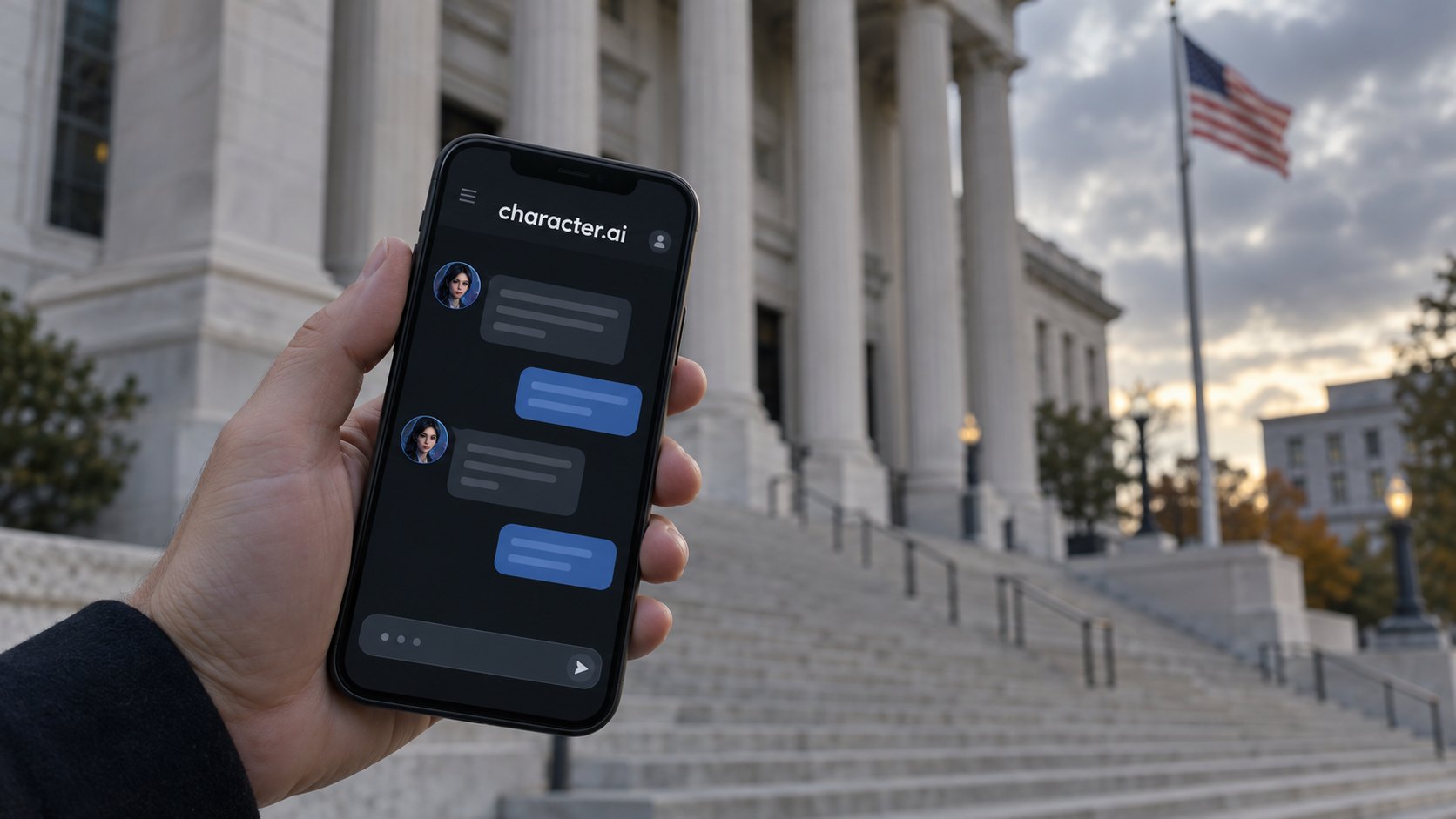 Ilustración editorial generada con IA: una mano sostiene un teléfono con la app de chat de Character.AI abierta frente a la escalinata de un tribunal federal con la bandera de Estados Unidos, al atardecer; composición conceptual, no es una fotografía del tribunal de Delaware ni de la presentación judicial.