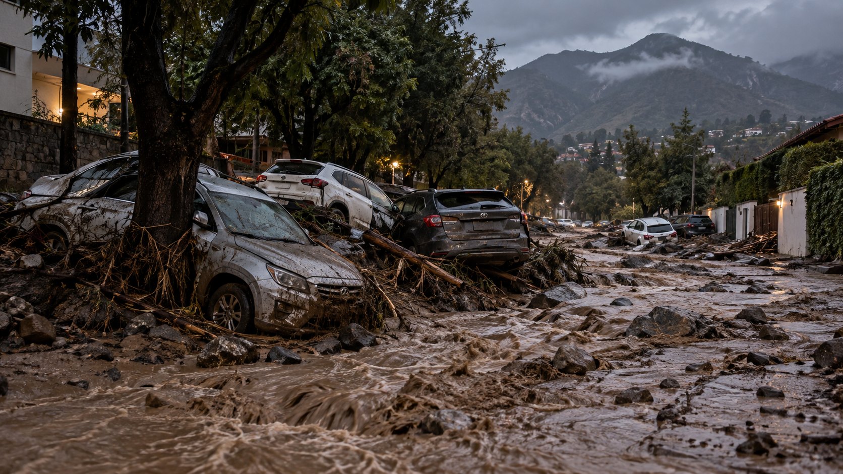 Ilustración editorial generada con IA: una calle residencial arbolada de San Carlos de Apoquindo, en Las Condes, cubierta por un torrente de barro y piedras; composición conceptual, no es una fotografía del aluvión.