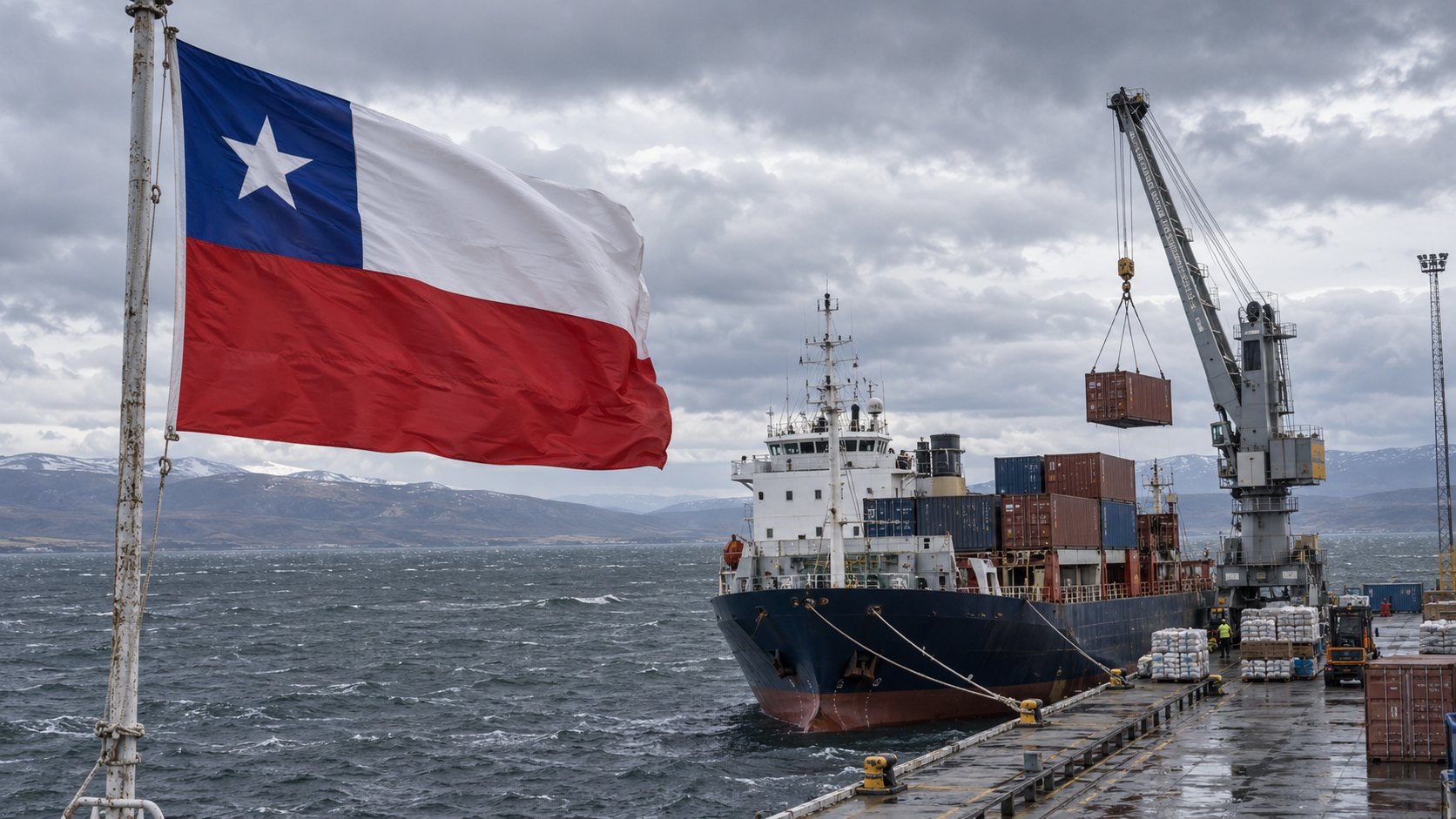 Ilustración editorial generada con IA: una bandera de Chile flamea en un muelle de Punta Arenas junto a un buque de carga sobre el Estrecho de Magallanes; no es una fotografía de la ruta ni de un buque real.